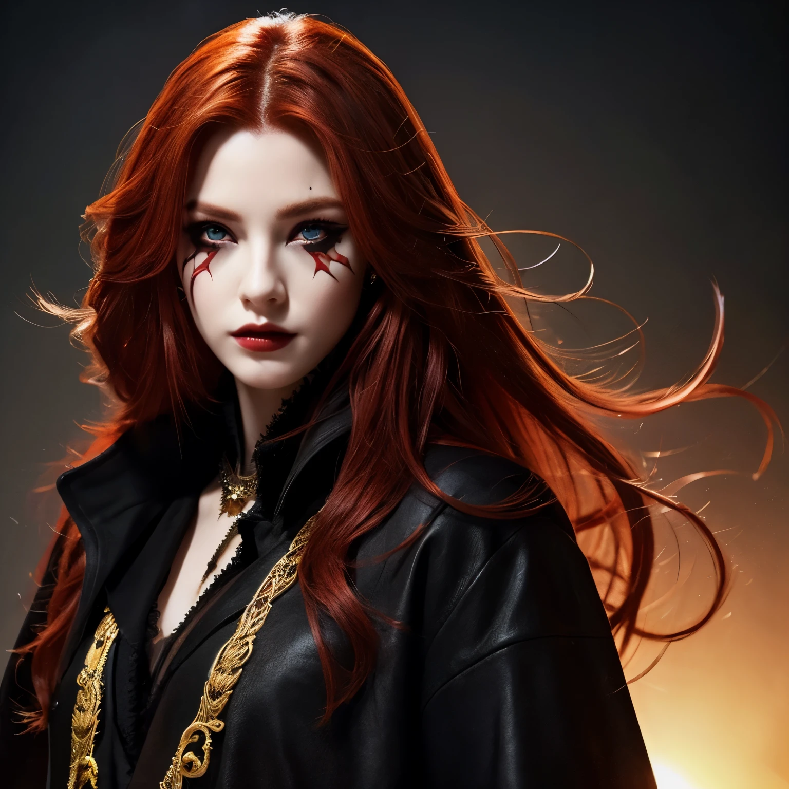 (((Man)))、Beautiful、Red Hair、Super Long、Golden Eyes、Eye patch、Black lab coat、Crow、dark、Gothic、Fantasy、Ultra HD、highest quality