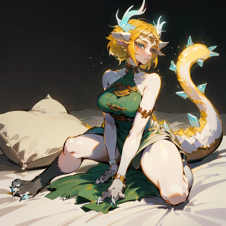 masterpiece, best quality, lightdragon, 1girl, princess zelda, dragon girl, blonde hair, horns, short hair, large breasts, animal ears, dragon, claws, (tail between legs:1.4), spread legs, full body, bedroom background