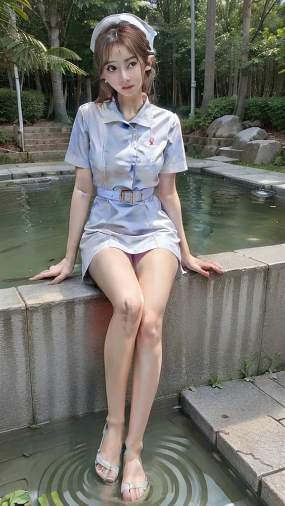 (full body:1.5)，(1 girl:1.3),(see viewers:1.4)，(correct anatomy:1.4),(sitting in a hot spring:1.2),(wearing a white nurse uniform:1.2),(Precise and perfect face:1.3),(Long legs:1.3),Hyper HD, Ray traching, reflective light， Structurally correct., won, Highly detailed, large breasts, A gigantic rift, Contrast of fade-in and fade-out shadows, face light ，movie light, Masterpiece, Superb details, High quality, Highly detailed, best quality, 16k，high contrast,