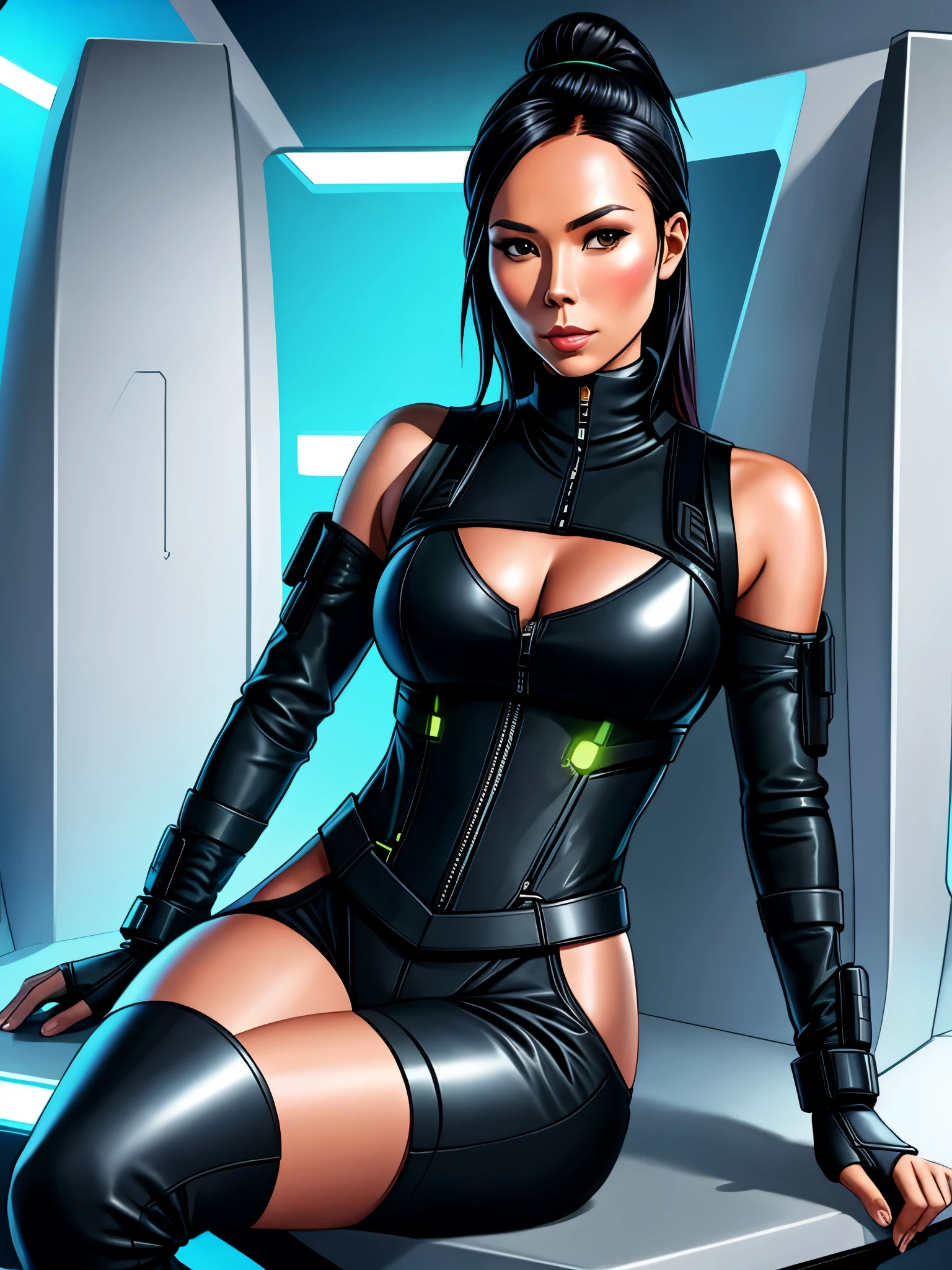 Lexa Doig, sleek futuristic outfit
