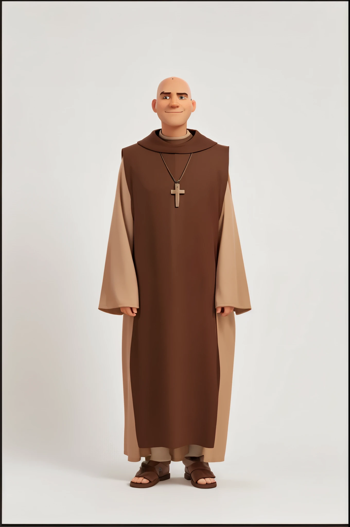 Priest, Friar Gilson, bald, brown eyes, crucifix around his neck. wearing brown clothes, holding a guitar, He has brown open toe sandals on his feet, full body drawing