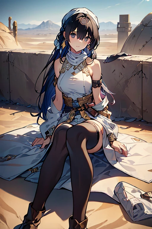((in a desert:1.5)), a matured woman with long hair and a white outfit, (resting in oasis:1.2), Arabic, Post apocalyps, from arknights, artwork in the style of guweiz, bodyesbian, fine details. girls frontline, beautiful anime illustration, from girls frontline, by Yang J, stunning, 26 years old, (solo:1.5), (sfw:1.25), sagging breast, large breasts, big tits, thin waist, big ass, Raised sexy, (dark mahogany medium long hair, updo, hair over one eye, asymmetric hair, Carly hair, low tied),(musulman, Headscarfs, hair bands, head vandage, Turban), (ultra high resolution, 8K RAW photo, photo realistics, weak outline:1.3, clear focus), best qualtiy, natural lighting, blurry back ground, field depth, (Bright pupils, detailed beautiful eyes, high detailed face), Red lip, looking at viewers, (tight focus:1.2, from below), sexy posing, seductive weak smiling, center image, (wearing white long jacket and clothes, wearing short pants, gold ornaments, white clothes rolling around waist, camel-brown long leather boots, translucent lace pantyhose), ((correct anatomy:1.5)), ((outdoor:1.2)),