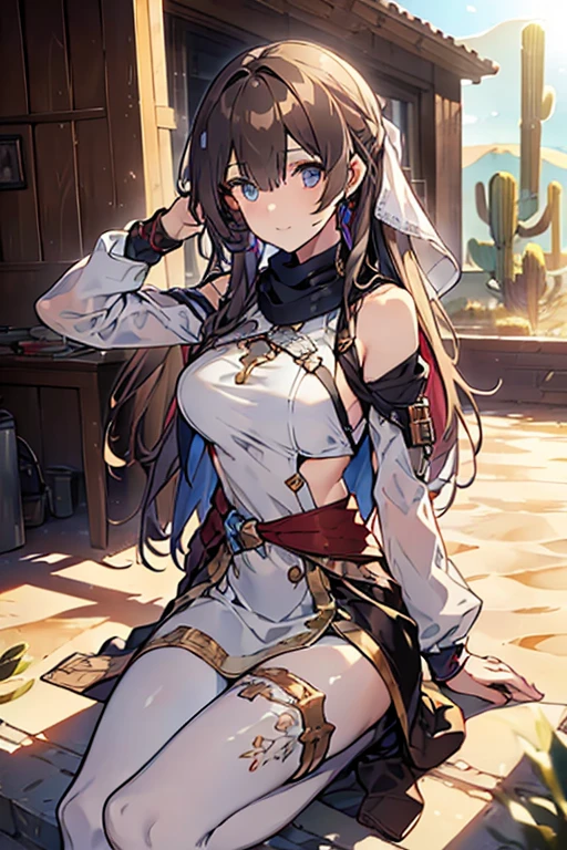 ((in a desert:1.5)), a matured woman with long hair and a white outfit, (resting in oasis:1.2), Arabic, Post apocalyps, from arknights, artwork in the style of guweiz, bodyesbian, fine details. girls frontline, beautiful anime illustration, from girls frontline, by Yang J, stunning, 26 years old, (solo:1.5), (sfw:1.25), sagging breast, large breasts, big tits, thin waist, big ass, Raised sexy, (dark mahogany medium long hair, updo, hair over one eye, asymmetric hair, Carly hair, low tied),(musulman, Headscarfs, hair bands, head vandage, Turban), (ultra high resolution, 8K RAW photo, photo realistics, weak outline:1.3, clear focus), best qualtiy, natural lighting, blurry back ground, field depth, (Bright pupils, detailed beautiful eyes, high detailed face), Red lip, looking at viewers, (tight focus:1.2, from below), sexy posing, seductive weak smiling, center image, (wearing white long jacket and clothes, wearing short pants, gold ornaments, white clothes rolling around waist, camel-brown long leather boots, translucent lace pantyhose), ((correct anatomy:1.5)), ((outdoor:1.2)),