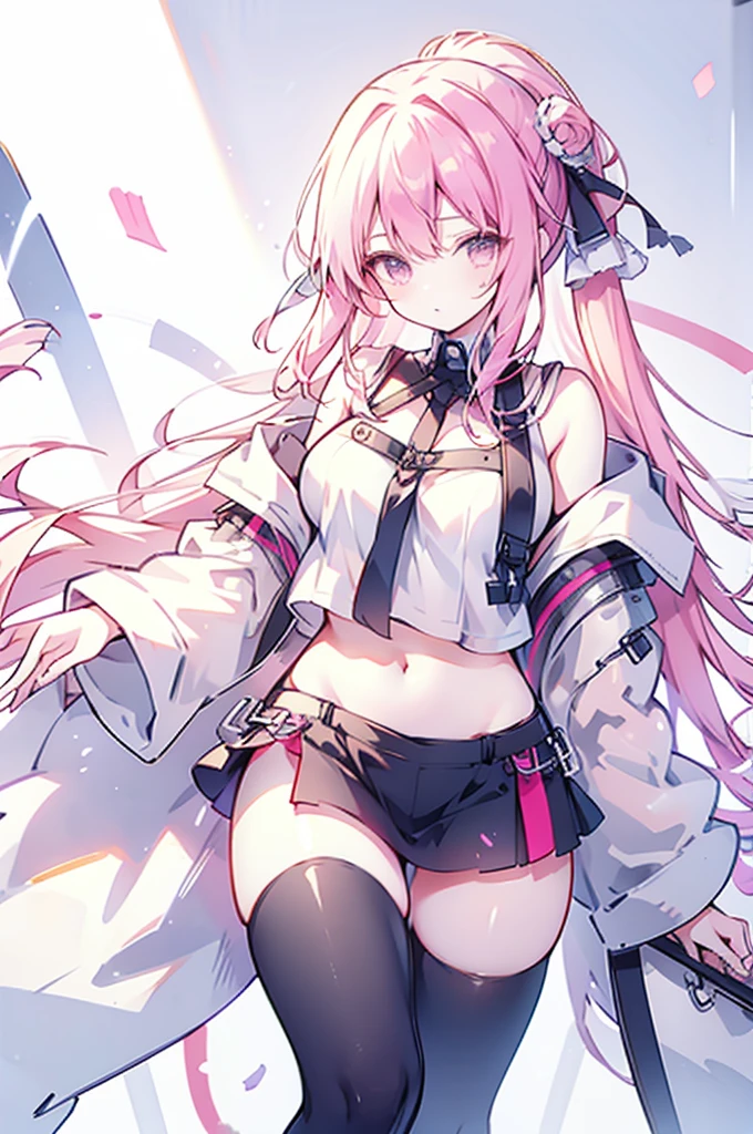 (simple white background), (a girl from Standing Pose), large pelvis, big breasts, narrow waist, healthy thighs, height 170cm, navel, cleavage, midriff, long hair, long sleeves, standing, ponytail, pink hair,headband, (Black:1.0) pants, (Black:1.0) shirt (white:1.0), (White:1.0) footwear, sneakers