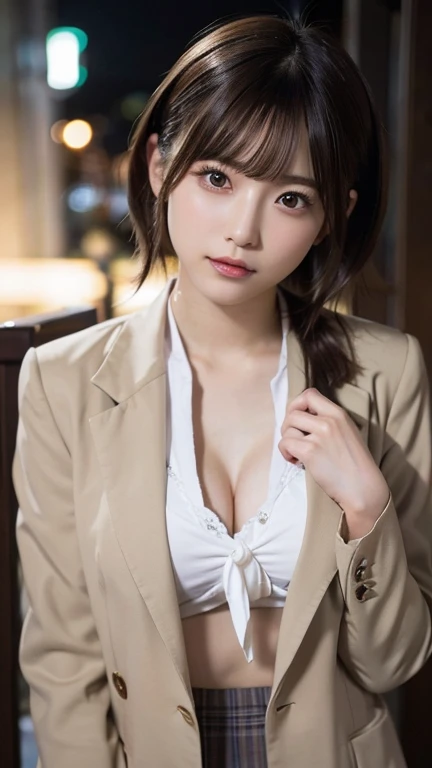 1 girl, Very bright backlight, alone, {Beautiful and detailed}, Night view in the background, Very beautiful big (chest:1.5) And a small waist ((chestを押す)) 、Big Breasts,Calm expression, Natural soft light,, Delicate features, Blunt bangs, Beautiful Japanese Girl, 20-year-old, ((Model pose)), attractive figure,(Light brown hair), Light grain, Real Hands, masterpiece, highest quality, Realistic, Very detailed, In detail, High resolution,Beautiful long hair, Perfect dynamic composition, Beautiful and beautiful eyes, Japanese Idols,((I'm nervous and embarrassed)),Sharp focus, beauty mix, (uniform:1.3),Movie Girl,Exhibitionism,shirt,tie,skirt,blazer,Red underwear,Showing off,short hair,Curly Hair,Twin tails