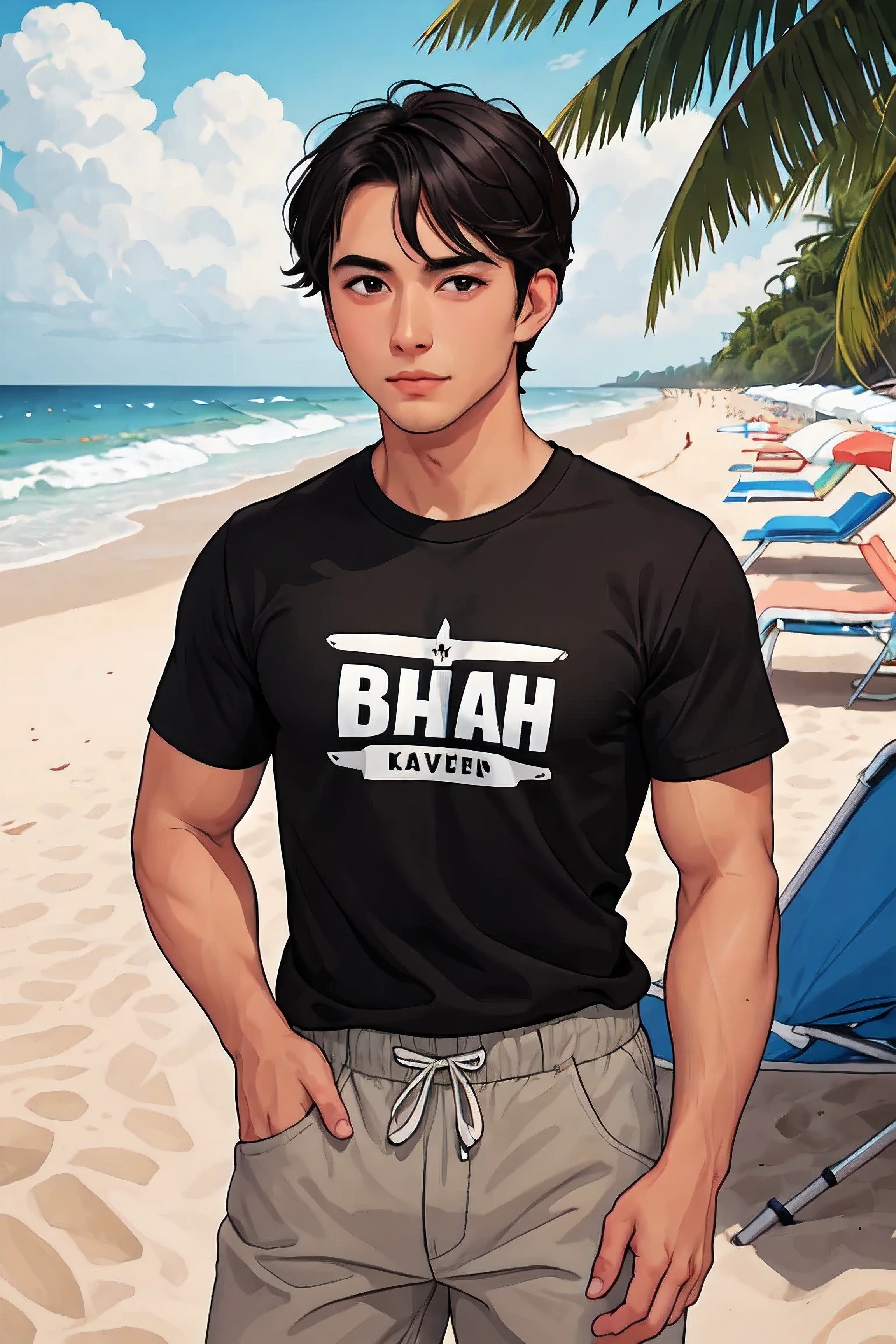 Handsome Men , Black short sleeve t-shirt , Beach
