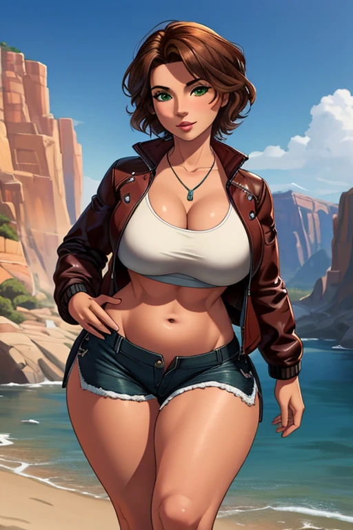 (masterpiece), best quality, expressive eyes, perfect adult face, A beautiful female centaur, wearing a leather jacket, naked underneath it,  bosom, toned body, sunglasses, strutting on sea-shore , bob-cut brown hair, hyper detailed face,