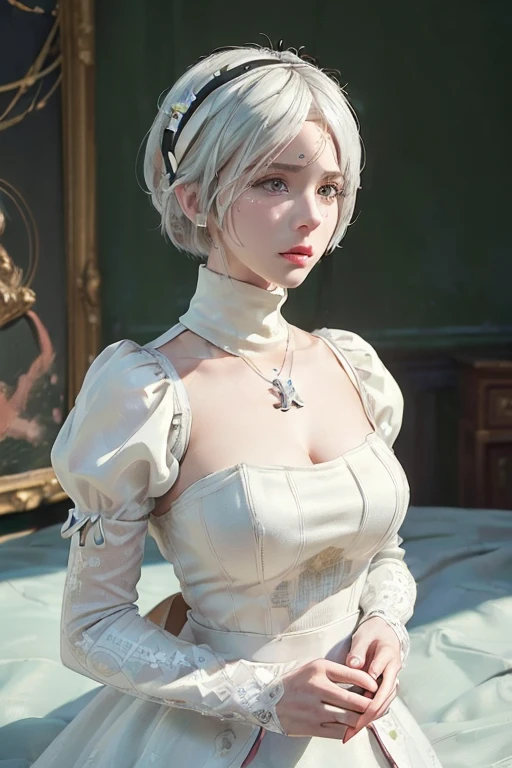 (Hyper realistic super detailed, masterpiece:3.5, top quality:3.0, best quality:3.5, official art, beautiful and aesthetic:3.5), ultra high res,(photorealistic:3.5), extreme detailed,colorful,highest detailed, official art, unity 8k wallpaper, ultra detailed, 1girl, (((High-low bob hairstyle))), Detailed face:3.5, breasts, cleavage, cleavage cutout, dress cutout, ((white background)), hair between eyes, headband, high-low bob hairstyle, high resolution, juliet sleeves, long sleeves, nier (series), (nier automata, 2b), (high low bob), fluffy sleeves, red lips, short hair, solo, beautiful, masterpiece, best quality, turtleneck sweater, upper body, cinematic lighting, (blindfold)