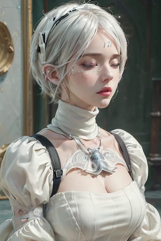 (Hyper realistic super detailed, masterpiece:3.5, top quality:3.0, best quality:3.5, official art, beautiful and aesthetic:3.5), ultra high res,(photorealistic:3.5), extreme detailed,colorful,highest detailed, official art, unity 8k wallpaper, ultra detailed, 1girl, (((High-low bob hairstyle))), Detailed face:3.5, breasts, cleavage, cleavage cutout, dress cutout, ((white background)), hair between eyes, headband, high-low bob hairstyle, high resolution, juliet sleeves, long sleeves, nier (series), (nier automata, 2b), (high low bob), fluffy sleeves, red lips, short hair, solo, beautiful, masterpiece, best quality, turtleneck sweater, upper body, cinematic lighting, (blindfold)