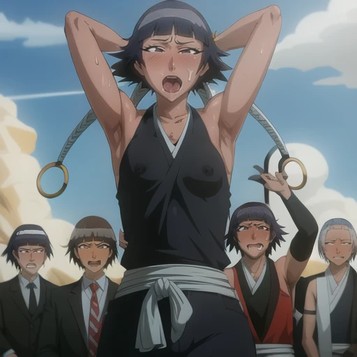 ( Animation screenshots:1.1),outdoor, Nipples exposed, 1 woman, alone, black hair, side breasts,eternal, short hair with long locks, japanese clothing, - Hip vents, no underwear,short hair, small breasts, (white eyes:1.1),No eyeballs, Also available in black, no headgear,low double braids,facing the audience, looking at the audience, tired, from below, (Exposed armpit:1.1), ((armpit:1.2)), Sexy, Sweat dripping, More and more sweat,(ahegao), (Roll your eyes), naughty face, blush, open mouth, Sticking out tongue, saliva, Slobber,Runny nose,skinny, raise arms, (arms above head:1.5)