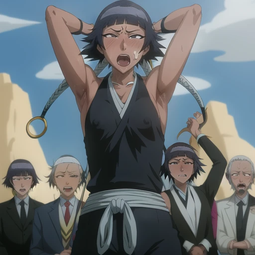 ( Animation screenshots:1.1),outdoor, Nipples exposed, 1 woman, alone, black hair, side breasts,eternal, short hair with long locks, japanese clothing, - Hip vents, no underwear,short hair, small breasts, (white eyes:1.1),No eyeballs, Also available in black, no headgear,low double braids,facing the audience, looking at the audience, tired, from below, (Exposed armpit:1.1), ((armpit:1.2)), Sexy, Sweat dripping, More and more sweat,(ahegao), (Roll your eyes), naughty face, blush, open mouth, Sticking out tongue, saliva, Slobber,Runny nose,skinny, raise arms, (arms above head:1.5)