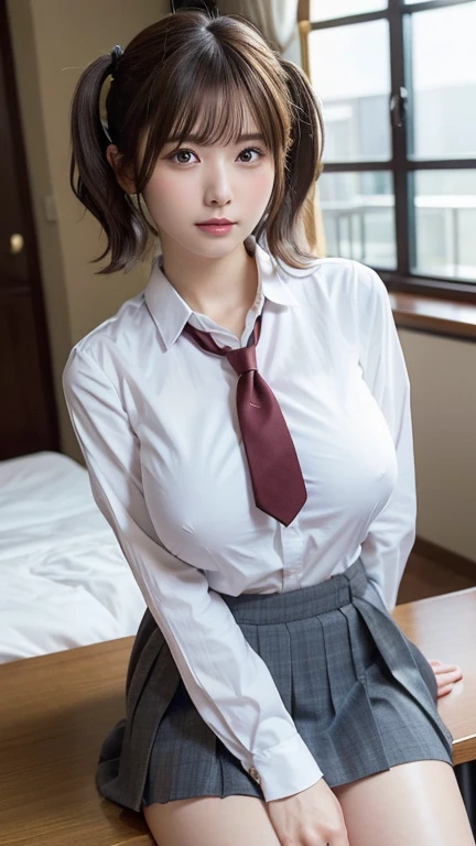 1 girl, Very bright backlight, M-shaped legs,alone, {Beautiful and detailed}, Night view in the background, Very beautiful big (Huge breasts:1.5) And a small waist ((Press the chest)) 、Big Breasts,Calm expression, Natural soft light,, Delicate features, Blunt bangs, Beautiful Japanese Girl, 20-year-old, ((Model pose)), attractive figure,(Light brown hair), Light grain, Real Hands, masterpiece, highest quality, Realistic, Very detailed, In detail, High resolution,Beautiful long hair, Perfect dynamic composition, Beautiful and beautiful eyes, Japanese Idols,((I'm nervous and embarrassed)),Sharp focus, beauty mix, (uniform:1.3),Movie Girl,Exhibitionism,shirt,tie,skirt,blazer,Red underwear,Showing off,short hair,Curly Hair,Twin tails,sitting on desk,shirtのボタンが開いている