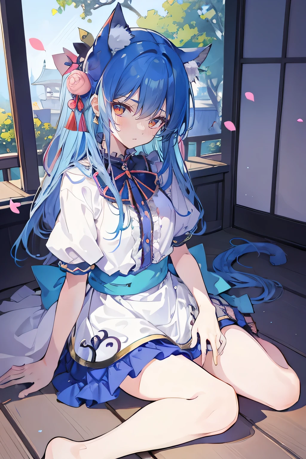 (masterpiece:1.2),ultra-detailed,realistic,expressive eyes,fair-skinned,perfectly shaped face,1girl,
Japanese cartoons,Gorgeous blue hair, flowing blue hair,floating clothes,cat ears,petals falling,beautiful Lola,Hina Angel,
hands on waist,gracefully sitting on the ground,legs crossed,gentle and serene background,cool and comfortable pavilion.