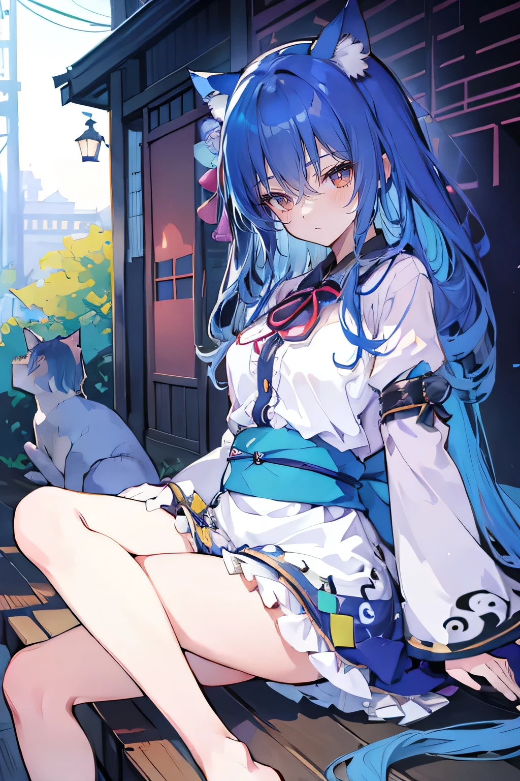 (masterpiece:1.2),ultra-detailed,realistic,expressive eyes,fair-skinned,perfectly shaped face,1girl,
Japanese cartoons,Gorgeous blue hair, flowing blue hair,floating clothes,cat ears,petals falling,beautiful Lola,Hina Angel,
hands on waist,gracefully sitting on the ground,legs crossed,gentle and serene background,cool and comfortable pavilion.