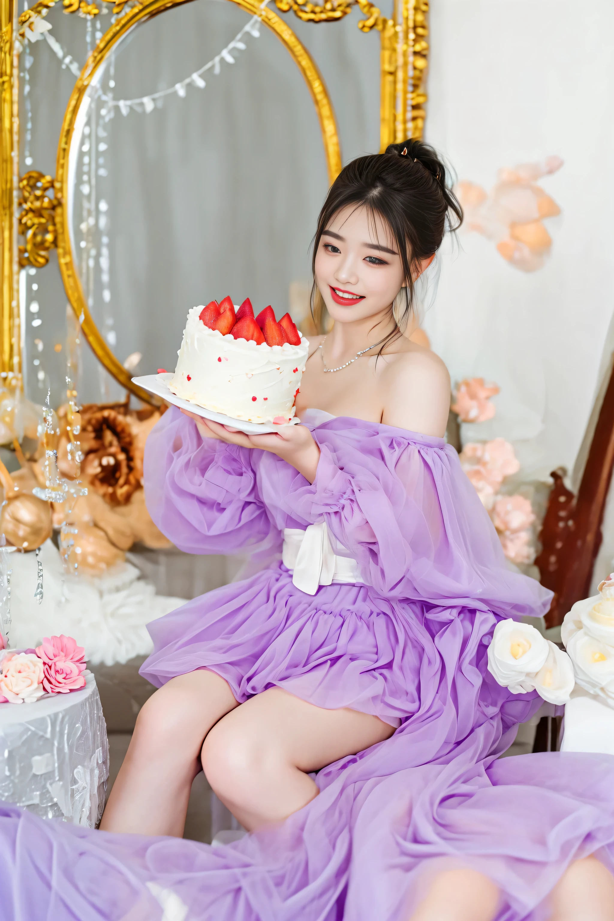 there is a woman sitting on a chair holding a cake, holding a birthday cake, eating cakes, cake in hand, happy birthday, wearing organza gown, cute woman, cake, photoshoot, photo taken with nikon d750, photo taken with nikon d 7 5 0, full body cute young lady, shot on nikon z9, pastel