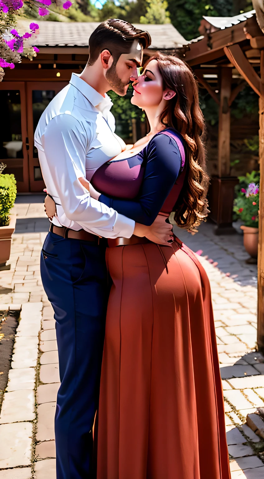 Hyper realistic photograph, Attractive woman, (huge breasts:1.4), slim waist, wide hips, wearing a blouse and a very long skirt, ((devotedly kissing with a handsome man))