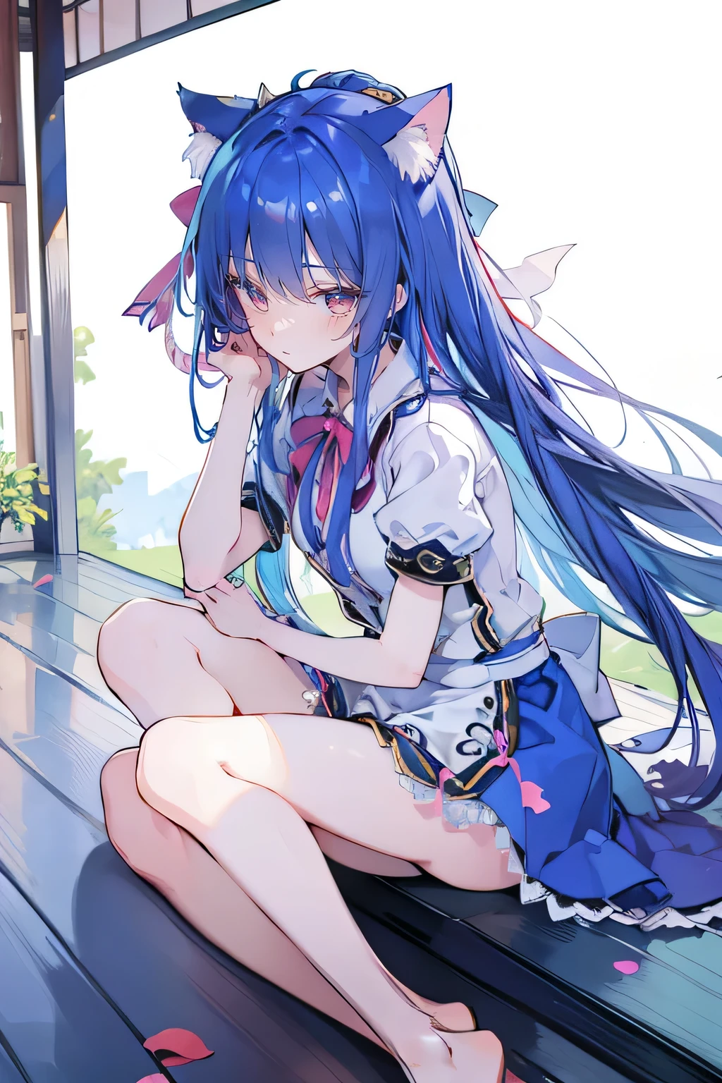 (masterpiece:1.2),ultra-detailed,realistic,expressive eyes,fair-skinned,perfectly shaped face,1girl,
Japanese cartoons,Gorgeous blue hair, flowing blue hair,floating clothes,cat ears,petals falling,beautiful Lola,Hina Angel,
hands on waist,gracefully sitting on the ground,legs crossed,gentle and serene background,cool and comfortable pavilion.