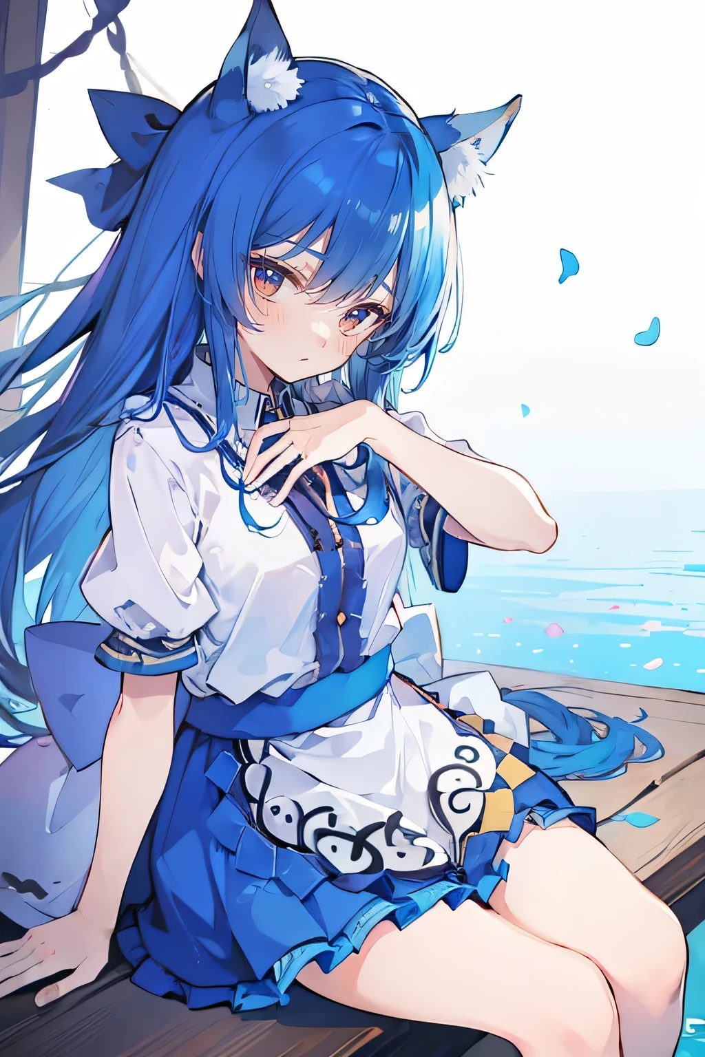 (masterpiece:1.2),ultra-detailed,realistic,expressive eyes,fair-skinned,perfectly shaped face,1girl,
Japanese cartoons,Gorgeous blue hair, flowing blue hair,floating clothes,cat ears,petals falling,beautiful Lola,Hina Angel,
hands on waist,gracefully sitting on the ground,legs crossed,gentle and serene background,cool and comfortable pavilion.