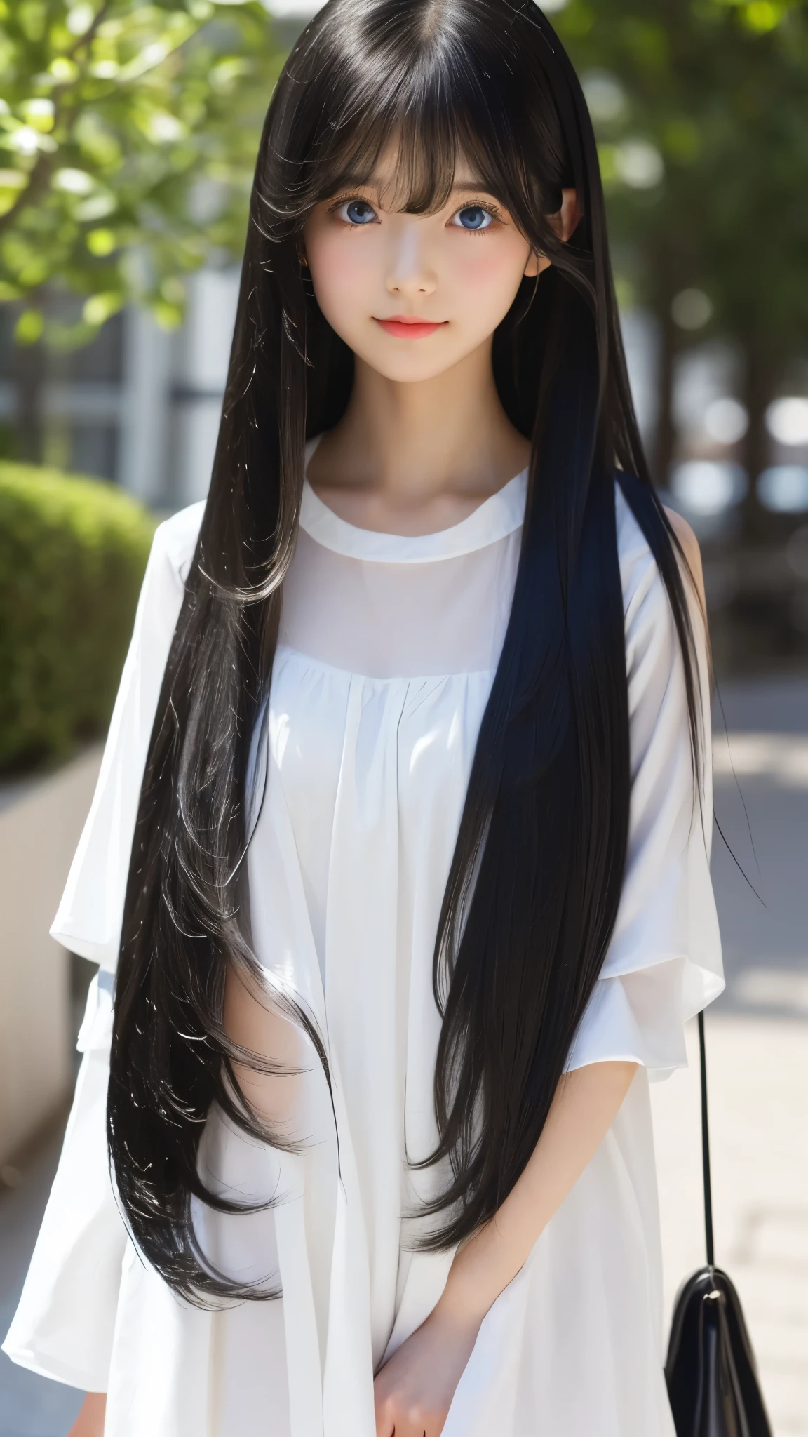 Shining, clear, white skin、Her windblown black hair hides her beautiful face.、huge、28 years old cute sexy little beautiful face、Beautiful straight hair that stands out、growing up, Sparkling light blue eyes、long silky bangs that cover cute eyes, Sexy and cute young woman with super long hair hiding her sexy face、(((super long black hair)))
