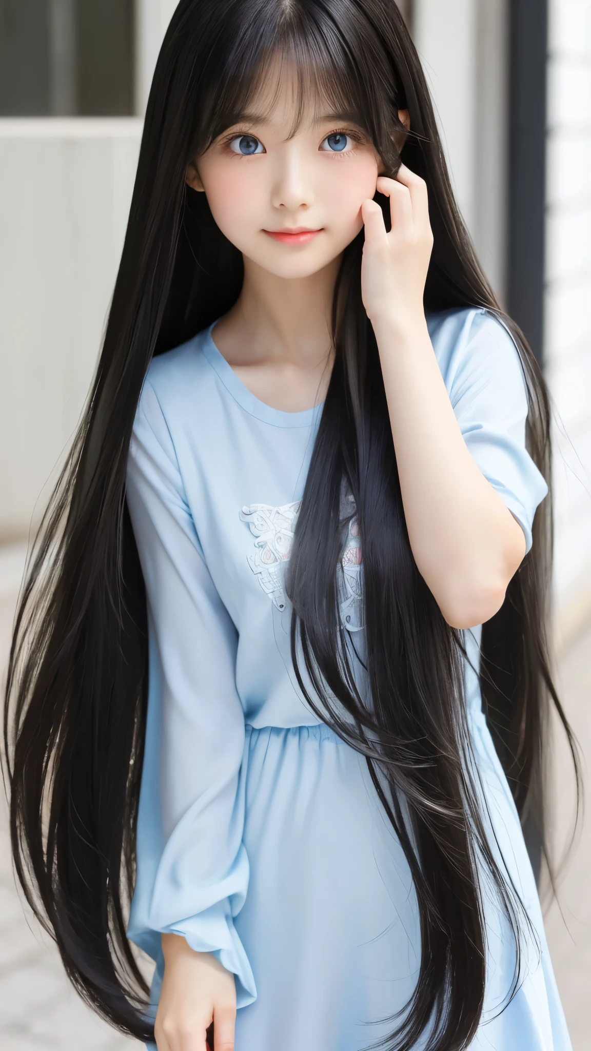 Shining, clear, white skin、Her windblown black hair hides her beautiful face.、huge、28 years old cute sexy little beautiful face、Beautiful straight hair that stands out、growing up, Sparkling light blue eyes、long silky bangs that cover cute eyes, Sexy and cute young woman with super long hair hiding her sexy face、(((super long black hair)))