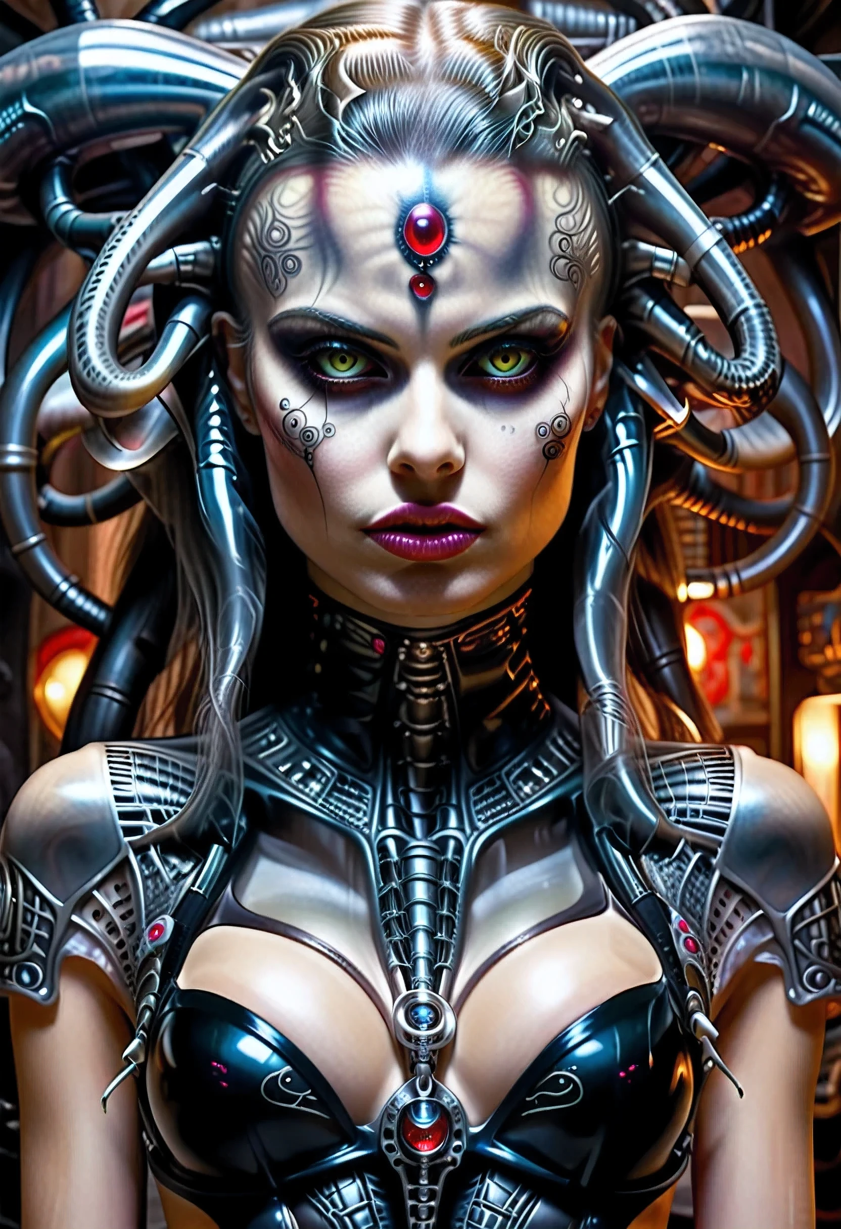 HR Giger tattooed sexy seductive dead girl, perfect face, hyper-detailed ruby eyes, Full body view,