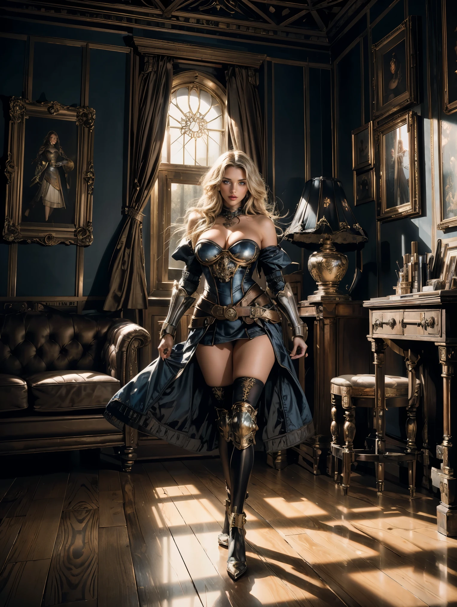 beautiful young female knight, full body, hands and feet visible, standing with back, bombshell, bomber, wearing blue gold beater 16th century short body - hugging knight armor, very long black luxuriant hair, blue eyes, full red lips, light skin, hair blowing in the wind, ultra realistic skin texture, sensual curves, sensual gaze, sensual figure, in the background a steam punk complicated machine, with a round window in the middle, a view of a Victorian garden through it, brownish smoke, hyperrealistic, cinematic lighting, volumetric, light rays, atmospheric, ultra photorealistic, creative perspective