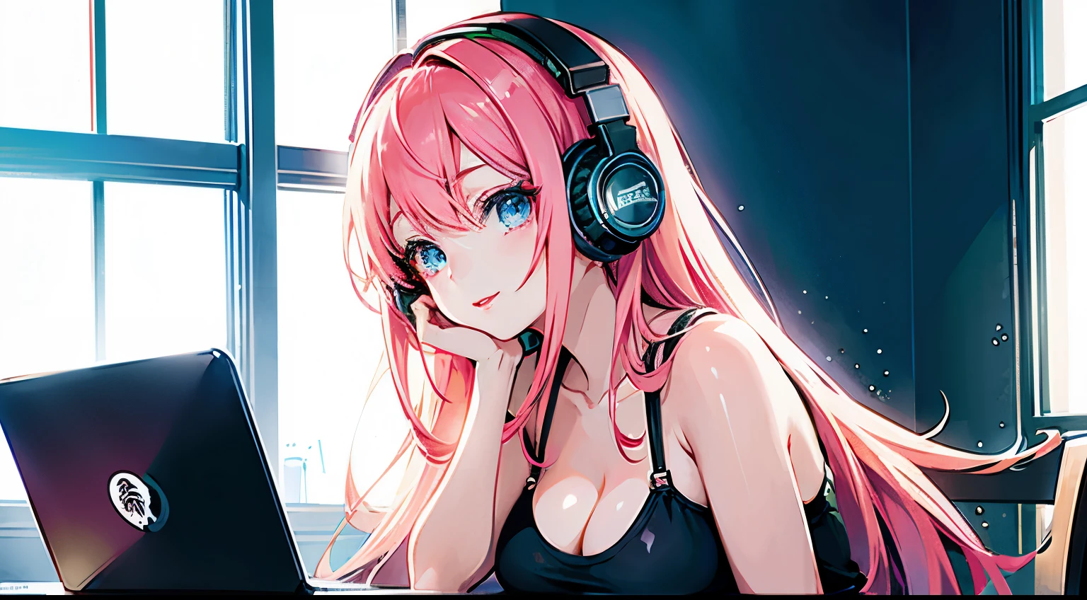 Anime girl with headphones studying、Anime girl with headphones studying,Starbucks Coffee、best quality, ultra high res, beautiful detailed 、laptop、pink hair, blue eyes, slender, haunting smile,red lips、Big Breasts