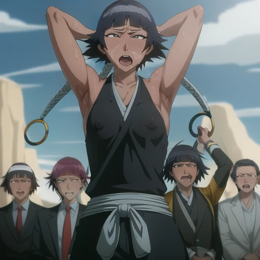 ( Animation screenshots:1.1),outdoor, Nipples exposed, 1 woman, alone, black hair, side breasts,eternal, short hair with long locks, japanese clothing, - Hip vents, no underwear,short hair, small breasts, (white eyes:1.1),No eyeballs, Also available in black, no headgear,low double braids,facing the audience, looking at the audience, tired, from below, (Exposed armpit:1.1), ((armpit:1.2)), Sexy, Sweat dripping, More and more sweat,(ahegao), (Roll your eyes), naughty face, blush, open mouth, Sticking out tongue, saliva, Slobber,Runny nose,skinny, raise arms, (arms above head:1.5)