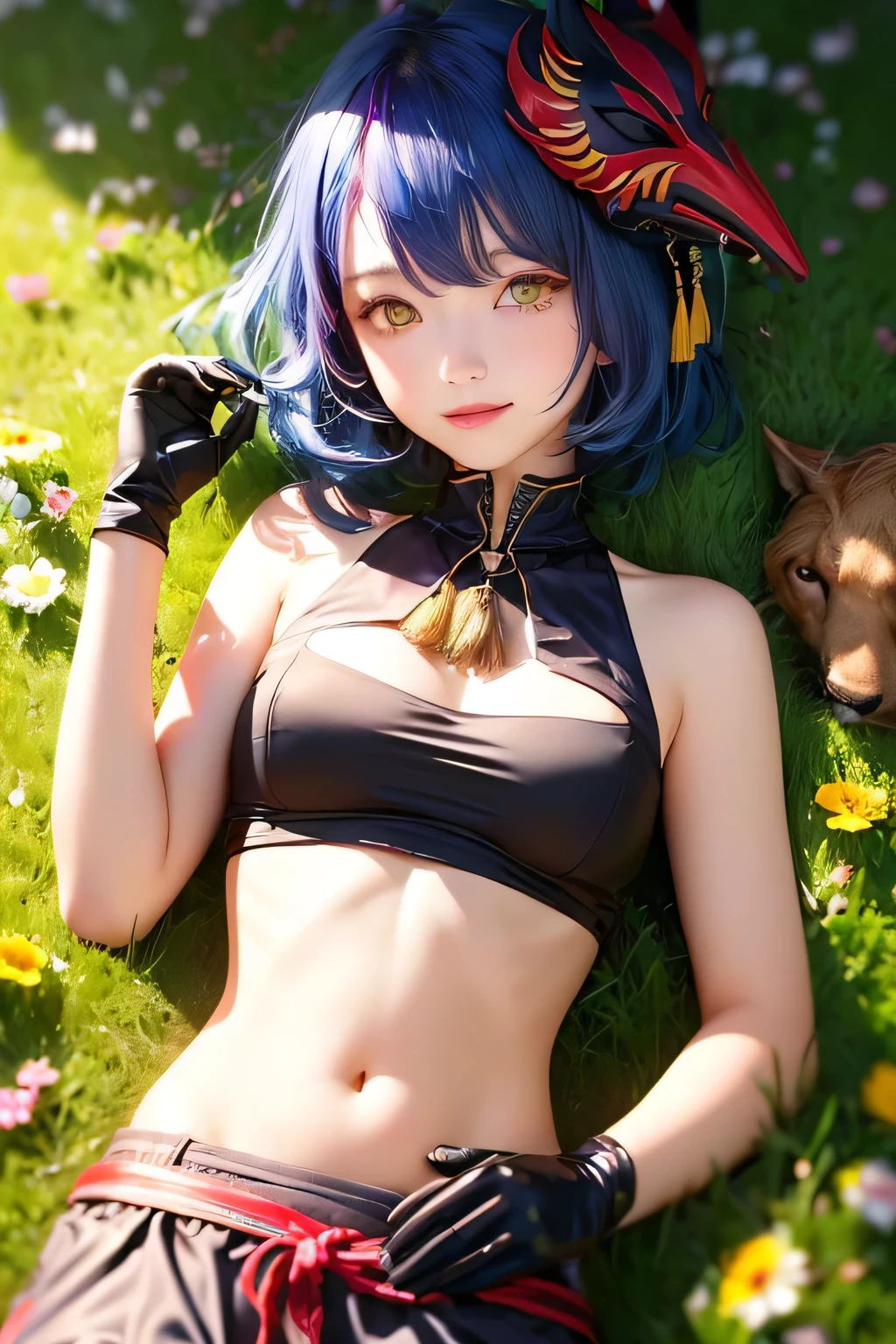 ((midriff, navel)), grassfield, farm on background, lying on grass, ((hand on belly)), from above, looking at viewer, relaxed face, smile, (cinematic lighting, best quality, masterpiece, high details, best quality, highres, HD, (kujou sara:1.3), mask on head, blue hair, short hair, yellow eyes, tassel, gloves