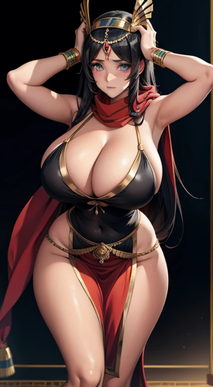 1girl,gigantic cleavage breasts, Egyptian dance costumes, black long hair, innocent eyes,scarf on her head, Egyptian mask