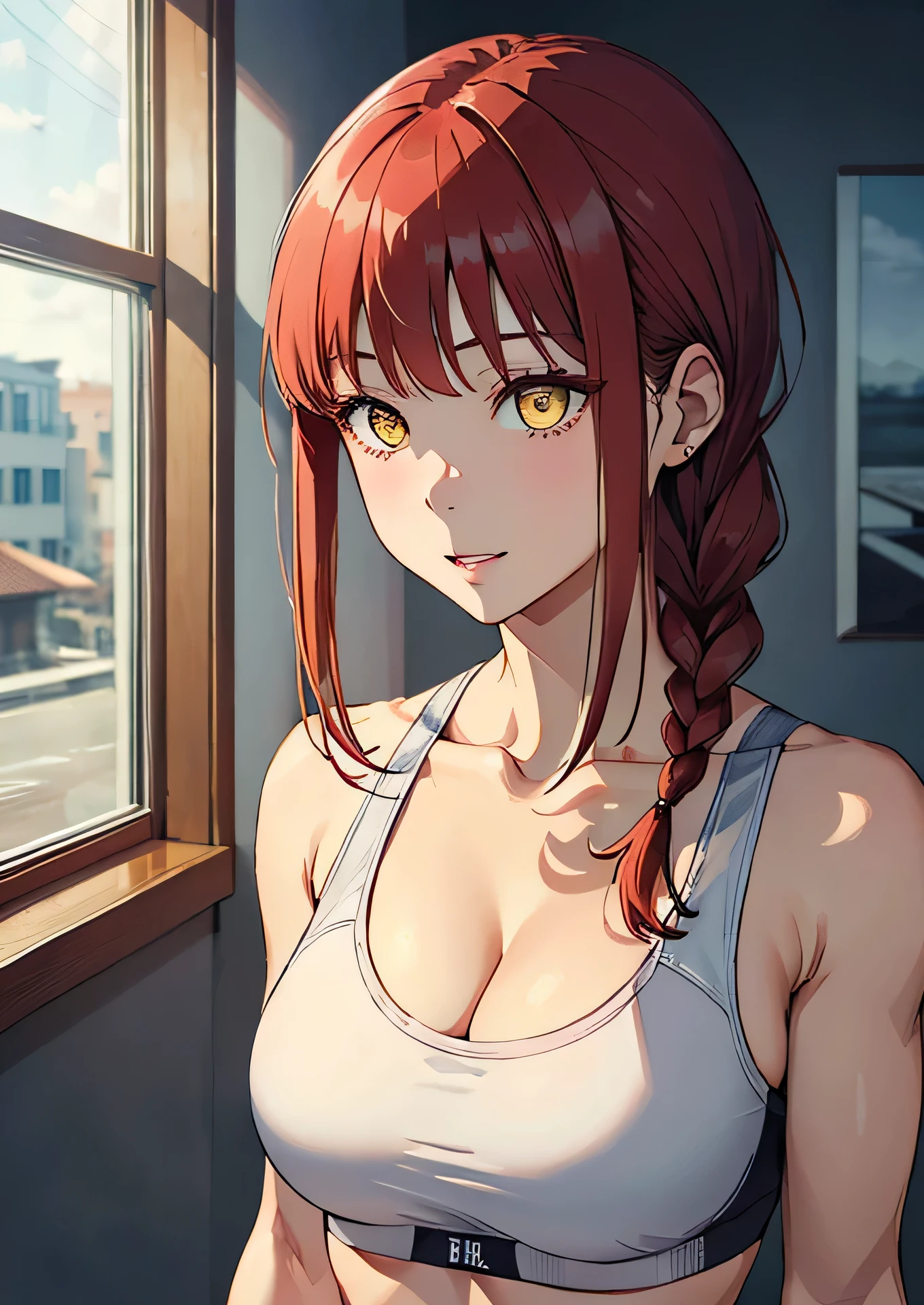 masterpiece、highest quality、High resolution、hand、woman、solo、Beauty that emphasizes slim abdominal muscles: 1.3、(Casual hairstyle, big: 1.2)、Casual clothing: 1.2、White sports bra、interior、Super detailed face、sports bra with an white、Delicate eyes、Big Breasts、Soft Breasts、They're laughing、A woman with very large breasts、Exposed cleavage、Redhead、Long braided hair、Yellow Eyes、