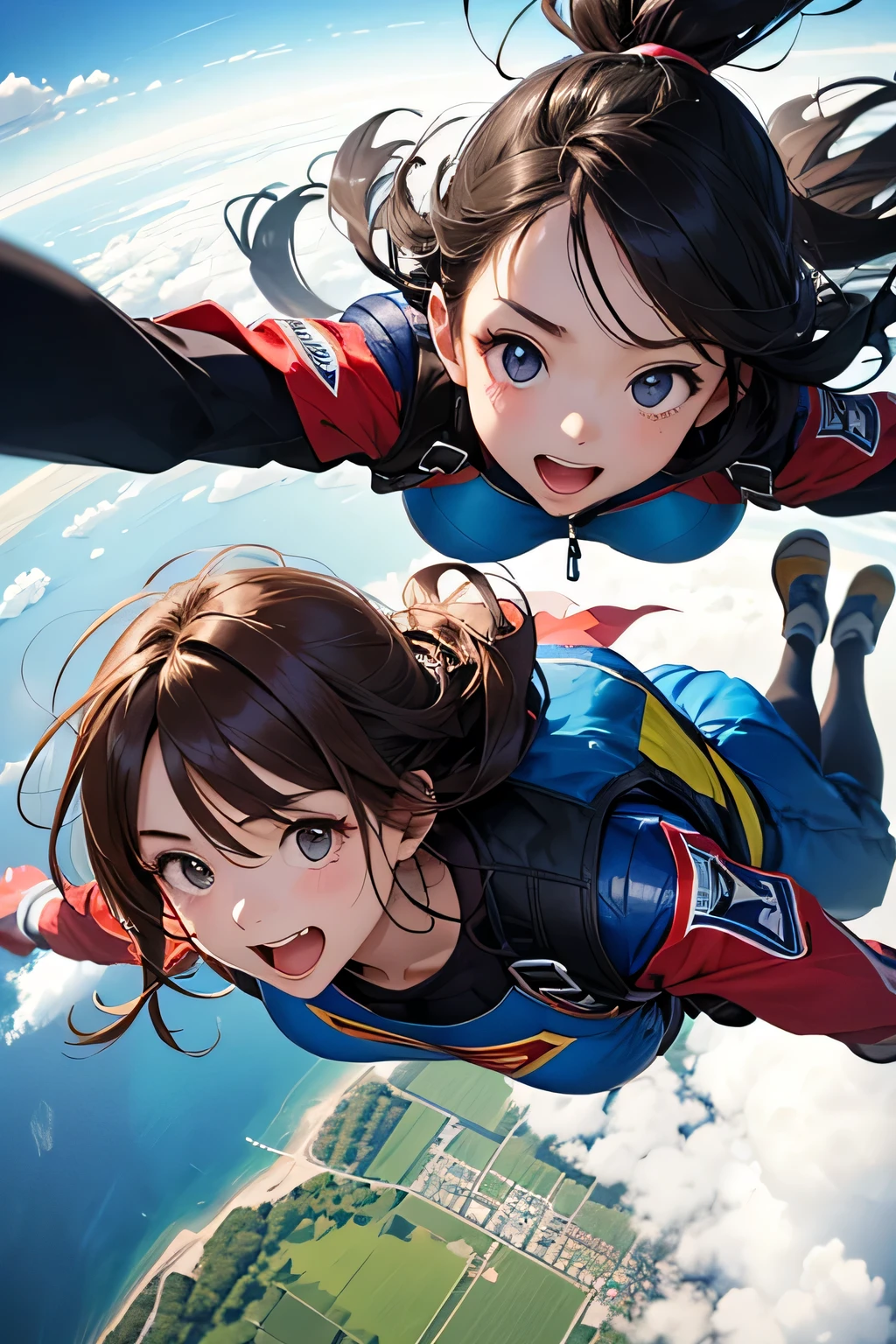 highest quality、High resolution、Detailed Background、Beautiful face in every detail、Anatomically correct、(Draw a normal number of fingers:1.2)、(Detailed facial expressions:1.2)、Teenage beauty、Huge breasts、Perfect body line、Cute color hair color、Braided long hair、Braided Ponytail、Braided Hairstyles、Wavy Hairstyle、well-groomed eyebrows、Super height、Cowboy Shot、
(Two beautiful girls excited enjoying thrilling activities at super height:1.5)、
I'm extremely excited、Ultra high tension、Uplifting、
I'm very excited the moment an airplane door is opened and I'm thrown into the air、
The strength of the wind and the sense of altitude The feeling of free fall you experience for the first time heightens the excitement、
The free fall from jumping off an airplane until the parachute opens is thrilling and excited-boosting、
You can test your own limits and courage while feeling the feeling of falling at a high speed and changes in the surrounding scenery、
The moment the parachute opens after completely turning from free fall, the speed decreases all at once and it shifts to a quiet atmosphere、this moment is a mixture of excitement and relief、
After the parachute opens, you can enjoy the feeling of slowly flying through the air、
The feeling of floating in the wind and taking a walk in the air while admiring the beautiful scenery also heightens the excitement、
The last step in skydiving is the moment you land safely on the ground、
You can enjoy the excitement by using a parachute to glide and timing your landing、
The skydiving experience will give you the excitement and excitement you'll never forget、
Let's jump together and make memories in the air with two or more partner jumps, such as couples or parents、
The pets we skydive with are cute too、
If you prepare the right equipment such as a small dog or cat and jump together, the pet's facial expressions and reactions are fun、
A group that skydives with friends and friends coexists with cuteness and fun、
The sight of everyone jumping into the air together is so colorful and cute、
You can also choose cute characters and colorful patterns to design your parachute、You can enjoy loveliness and excitement at the same time as the sight of big cute characters and patterns spreading in the air、
Skydiving is a thrilling and adventurous activity, but don't forget to incorporate smiles and cuteness、
Pair a sporty top with colorful shorts、
Choose bright colors or patterns for tops、
A freestyle jumpsuit is the perfect item for skydiving、
You can show off your cuteness by choosing a design with a colorful pattern or embroidery、
Pair an oversized t-shirt with colorful leggings、
Choose T-shirts with cute characters or logos printed on them、
Choose sporty sneakers that are comfortable to wear、
It's stylish and cute when you incorporate accessories such as caps and sunglasses、
Don't forget to choose the right equipment to ensure ease of movement and safety