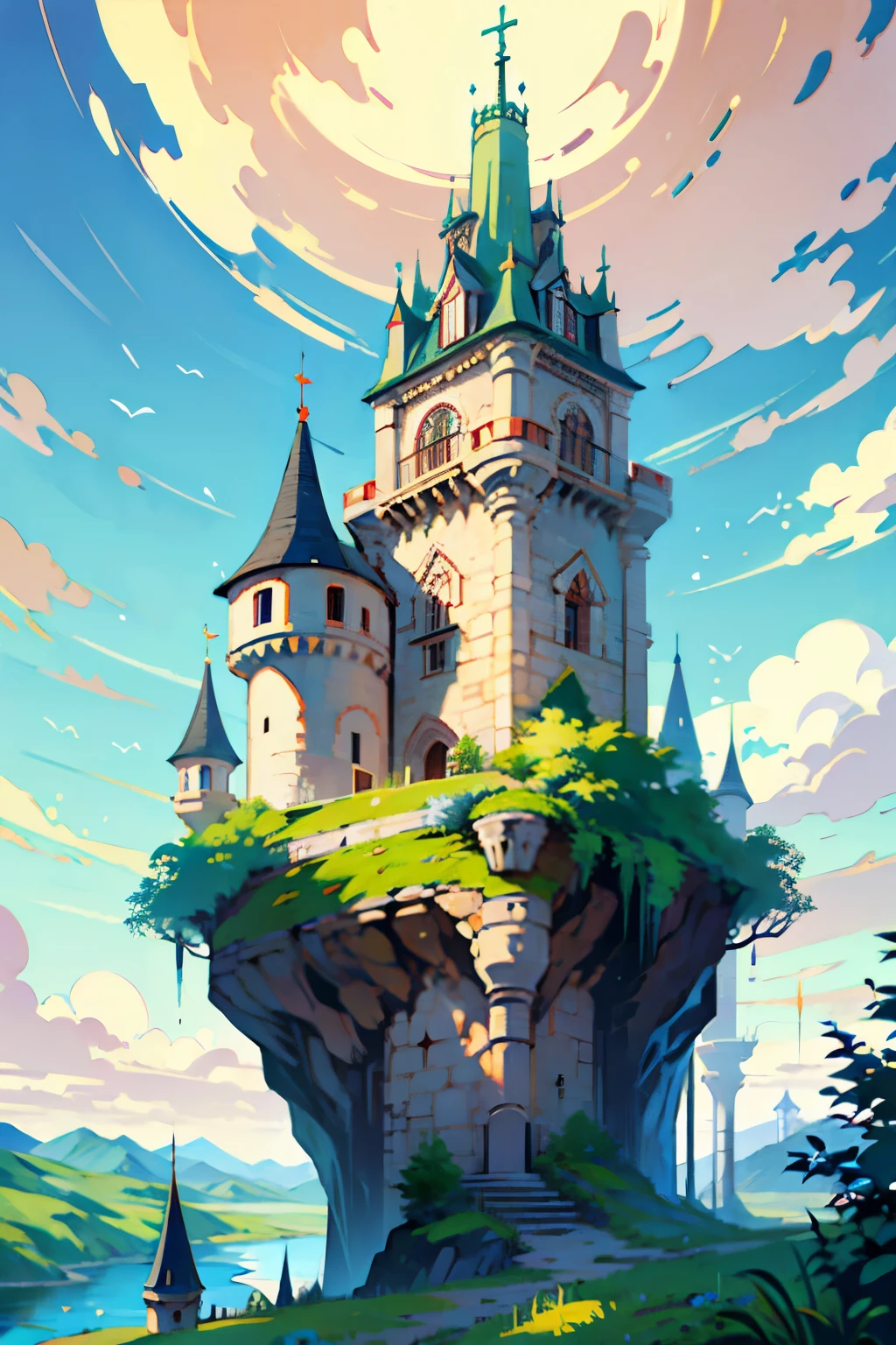 castle tower on top of green hill , in the midle of big lake