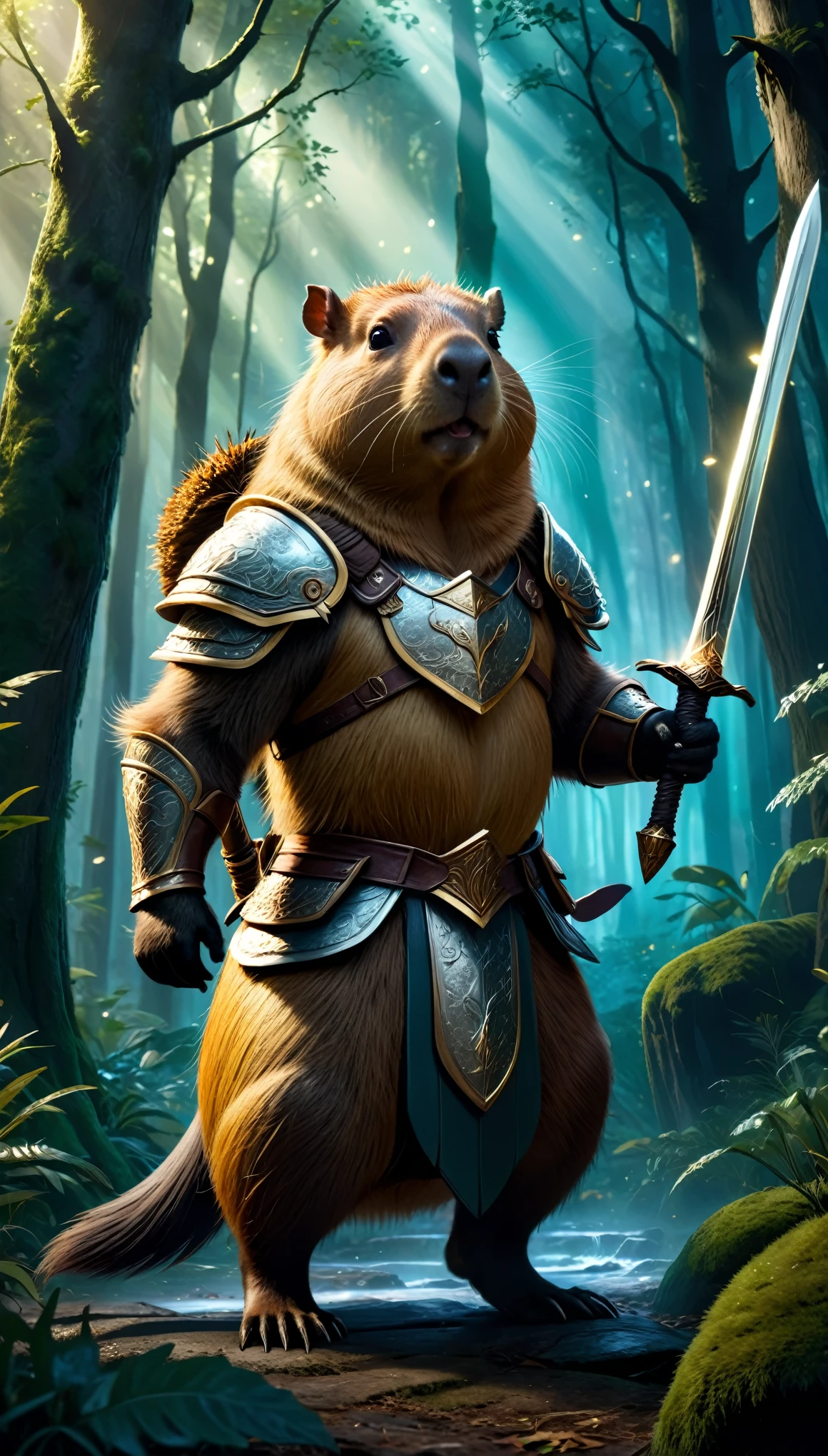 (best quality, highres:1.2), detailed fur texture, majestic pose, enchanted forest, magical lighting, epic battle scene, mythical capybara, great warrior, fantasy armor and sword,