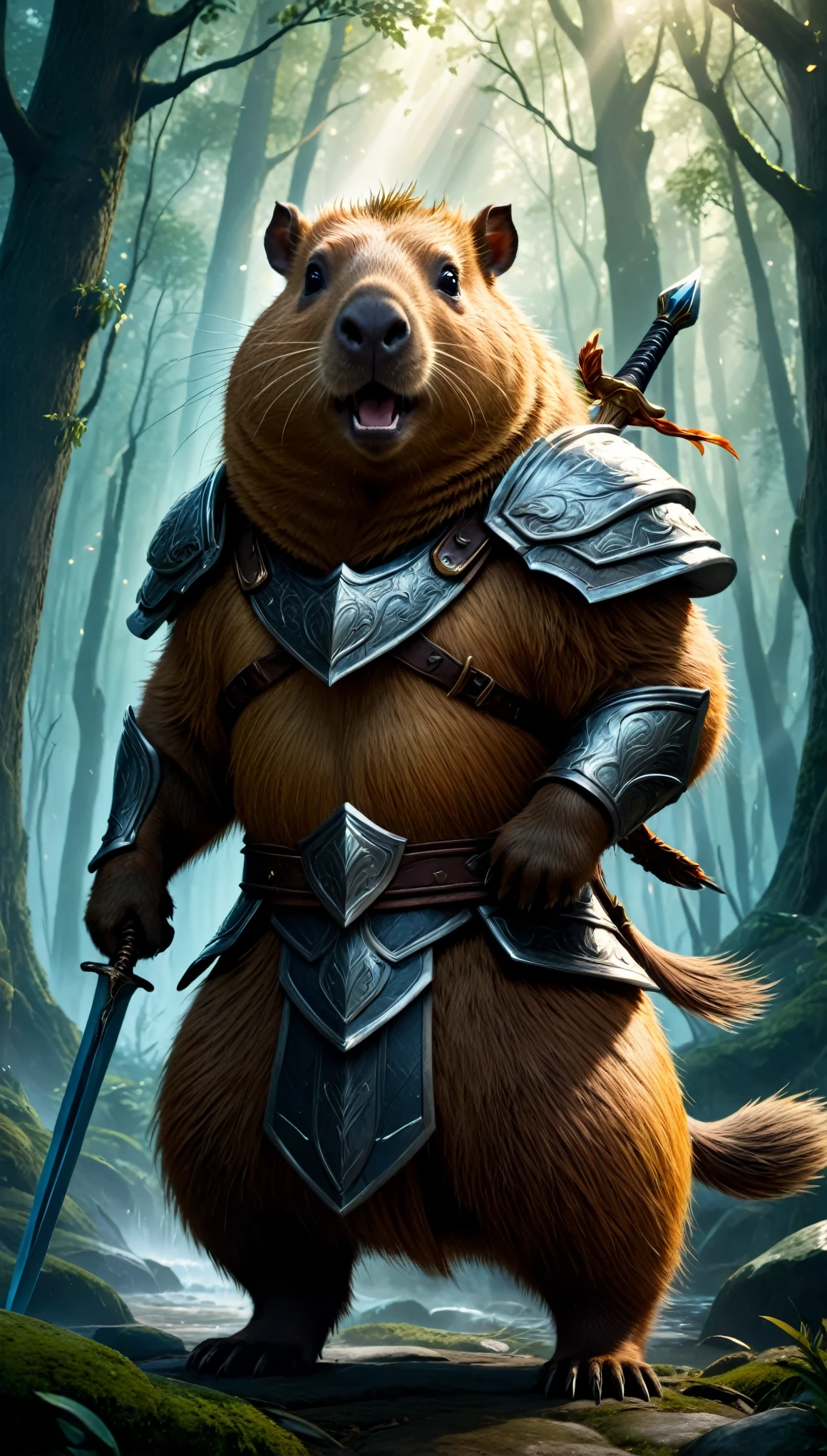 (best quality, highres:1.2), detailed fur texture, majestic pose,victory cry, enchanted forest, magical lighting, epic battle scene, mythical big capybara, great warrior, fantasy armor and sword, 