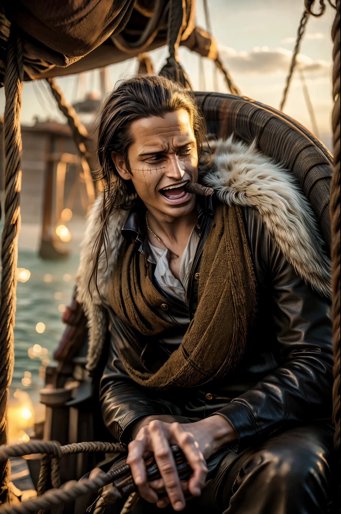 masterpiece, best quality, extremely detailed, hyperrealistic, photorealistic, a cool 40s man, ultra detailed face:1.2, fur-trimmed coat, scarf around the neck, his left hand is a golden pirate hook:1.1, on the ship, sunrise:1.1, cigar, laughing:1.1