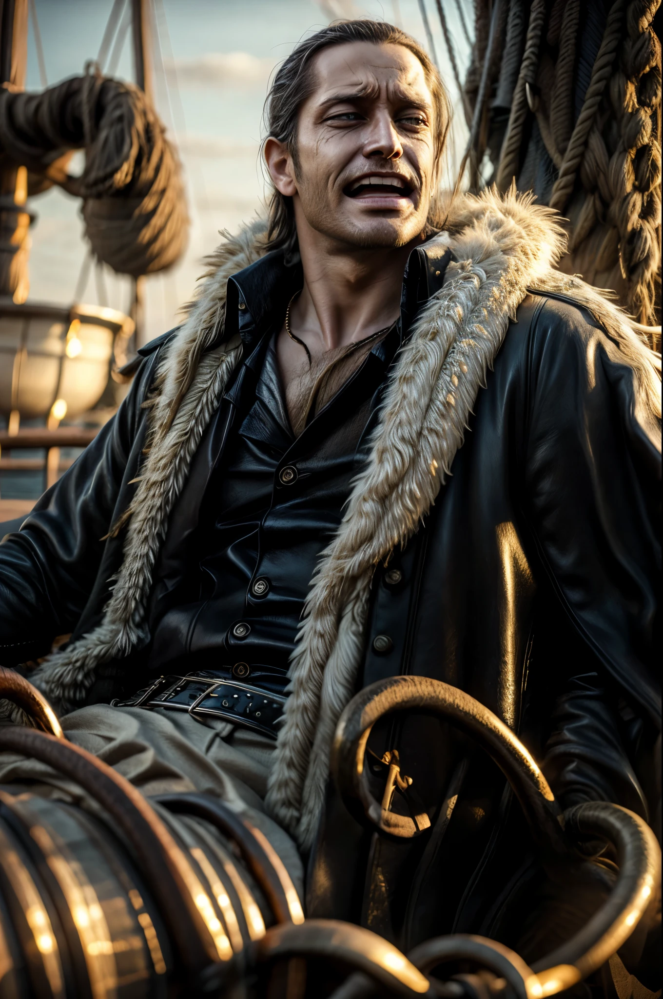 masterpiece, best quality, extremely detailed, hyperrealistic, photorealistic, a cool 40s man, ultra detailed face:1.2, fur-trimmed coat, scarf around the neck, his left hand is a golden pirate hook:1.1, on the ship, sunrise:1.1, cigar, laughing:1.1