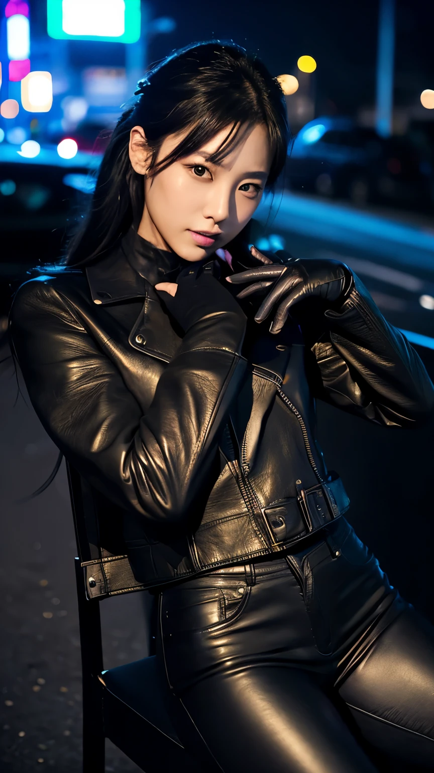 black leather rider jacket, Office in the Dark, Black leather gloved fingertips on both hands,Wearing black leather gloves,Sitting in a black leather chair、 Japanese female new recruits (Black leather gloves cover both hands) (The angle is horizontal)、Black Leather Pants,Black Leather Black Leather Pants,Black Leather Skinny Pants、Long black leather boots on both feet、Black hair ponytail ((He wears black leather gloves on his hands))Full Body Photo,full body shot full body full body leather suit,☺If you turn in this direction。Wearing black leather gloves,Wearing black leather gloves,Wearing black leather gloves,Wearing black leather gloves,Wearing black leather gloves,Wearing black leather gloves,黒のレザーパンツが美しい😍黒のレザーパンツが美しい😍黒のレザーパンツが美しい,😍Smiling while looking at me,City lights、((Neon Cyberpunk City Street:1.3))、(Neon Light)、Detailed lighting、
Best image quality、Ultra-high resolution、(realism:1.4)、Korean Beauty Star、The most beautiful KPOP stars、face、Horny Korean Makeup、A body that makes you want to touch it、Realistic leather texture、Costume made of smooth leather fabric、The drape of the curved parts of the leather fabric、The costume is very shiny、Quality of the costume、8K Photo Quality