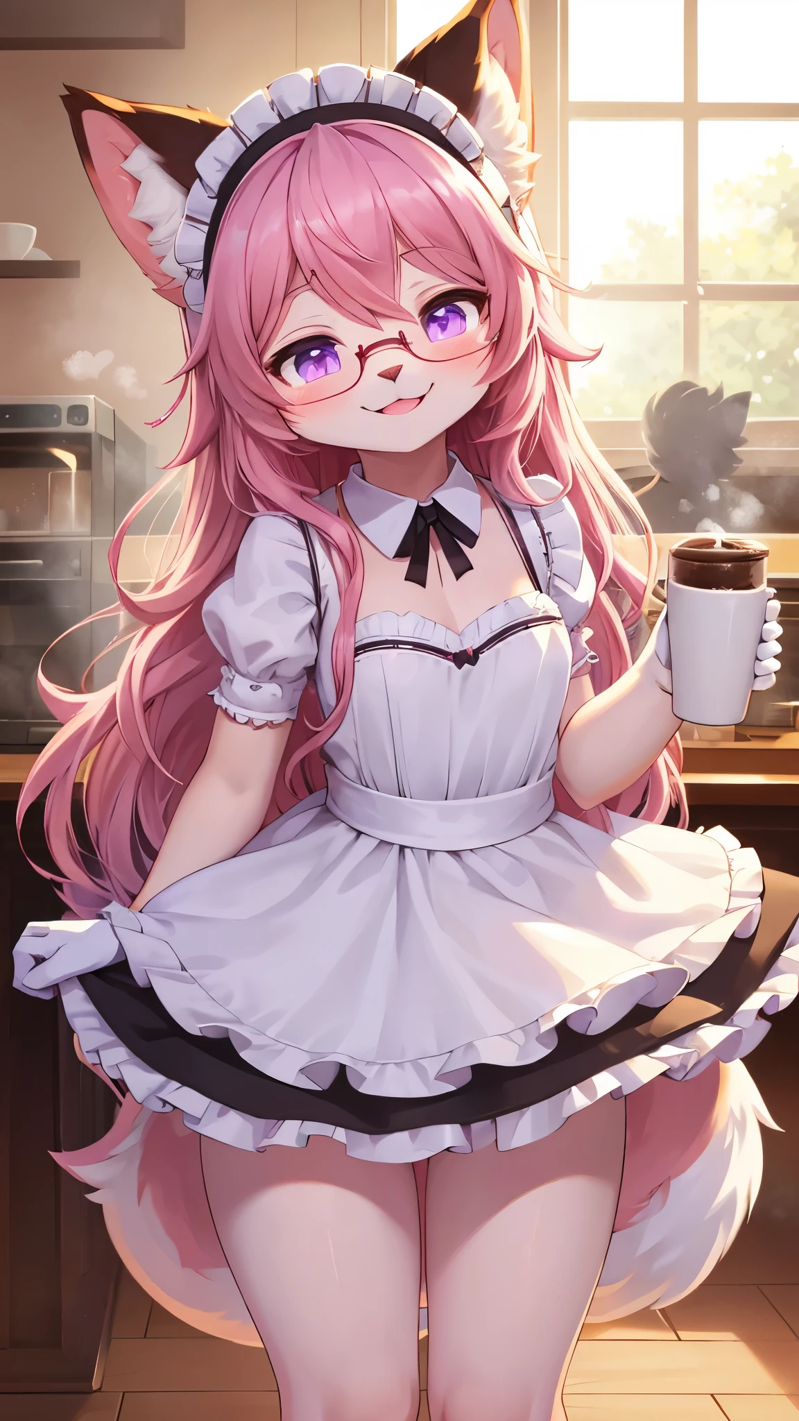 best quality,best resolution,(fluffy anthro furry :1.6),(young :1.6),cat girl,small breasts,ligt pink hair,long hair,wavy hair,curvy hair,white fur,purple eyes,glistering eyes,sparkle eyes,huge circle glasses,maid outfit,maid headdress,maid gloves,ruffles,beautiful coffee cafe,white ligth,steam from coffee making machine,looking at viewer,full face blush,happy face,smile,heart eyes,heart expression eyes,standing,close eyes,sexy pose