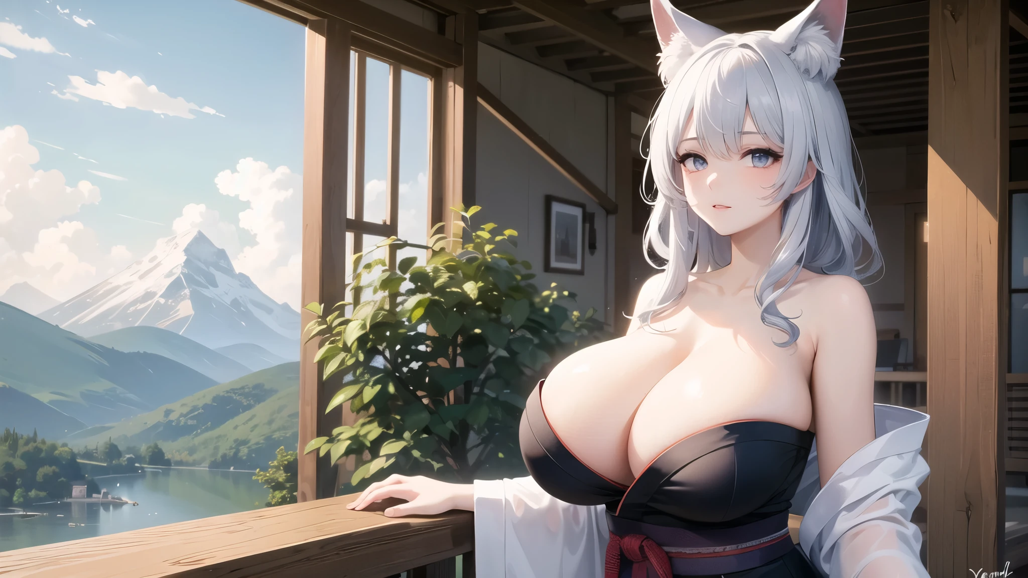 (((masterpiece, best quality))), (((superior quality))), cute girl, ((extremely detailed girl)), ((huge breasts)), fox ear, yukata, (bare shoulders), strapless top