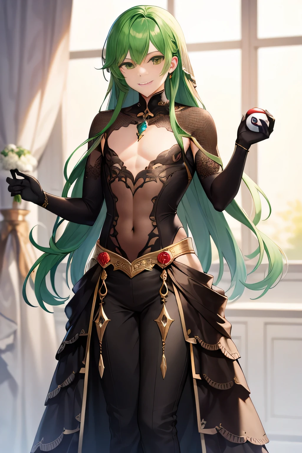 Masterpiece, best quality, wedding dress, gloves, male, drag queen, standing, full length, smile, closed mouth, green hair, green eyes, male hair, male flat chest, abdomen on chest, holding a pokeball