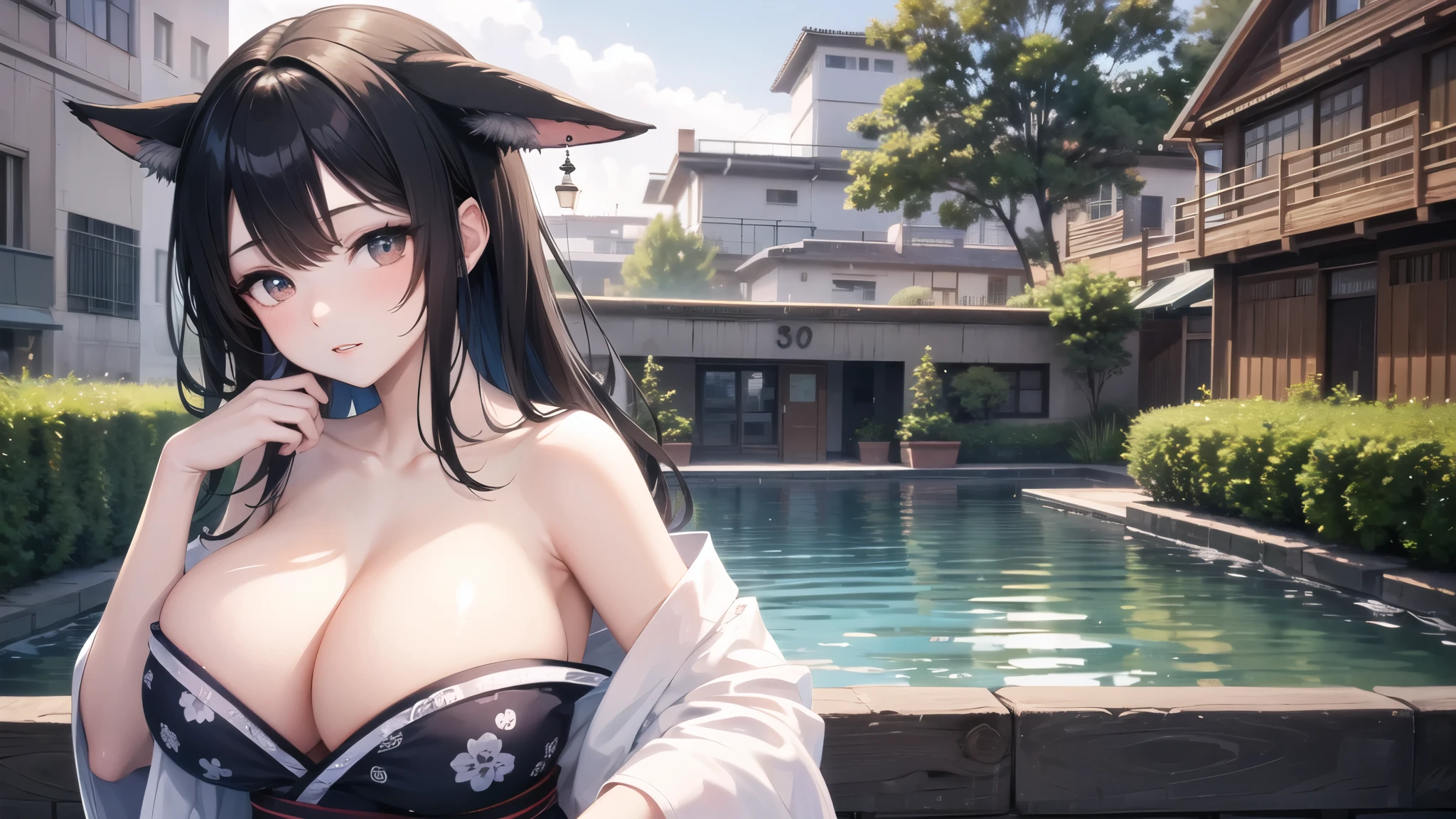 (((masterpiece, best quality))), (((superior quality))), cute girl, ((extremely detailed girl)), ((huge breasts)), fox ear, yukata, (bare shoulders), strapless top