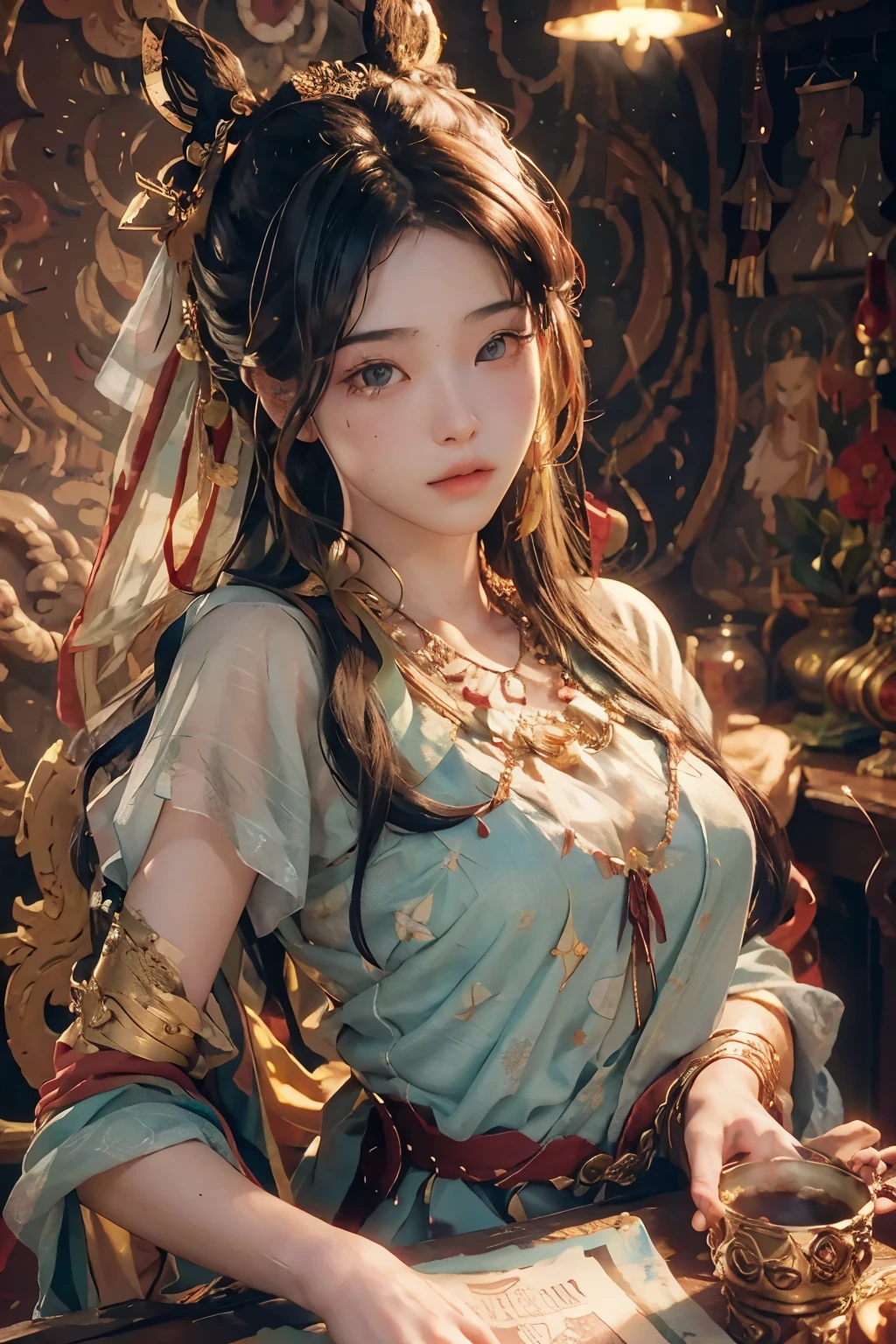 (RAW Photos, highest quality), (Realistic, photo-Realistic:1.3),highest quality,Very detailed,masterpiece,Very detailed,figure,One girl,upper_body,Dynamic Angle,world masterpiece theater,Messy_length_hair,highest quality,Very detailed CG ユニティ 8k 壁紙,ink,wonderful,Cinema Lighting,lens_Flare, Dunhuang_style