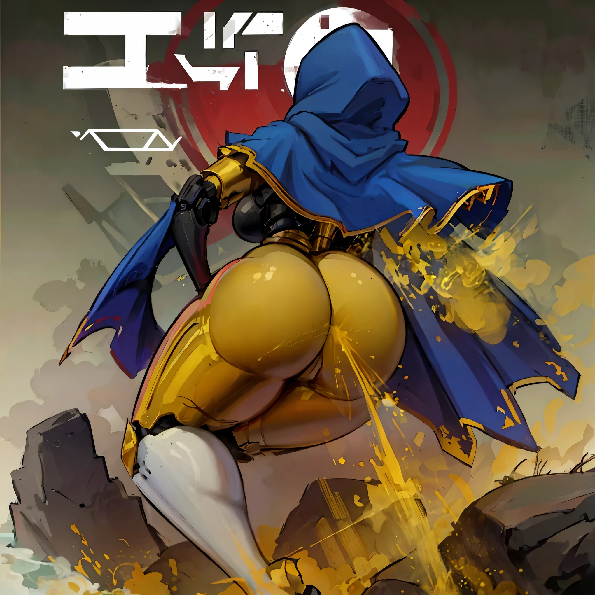 Robot girl, hips, wearing a hood with a cape, perched on a rock, shoreline, beautiful thighs, curvaceous butt, captivating legs, cool robotic mask, super tall, one person, ass support, holding staff, warm color tone, vibrant lighting, ((fart,farts,farting)), no face, faceless