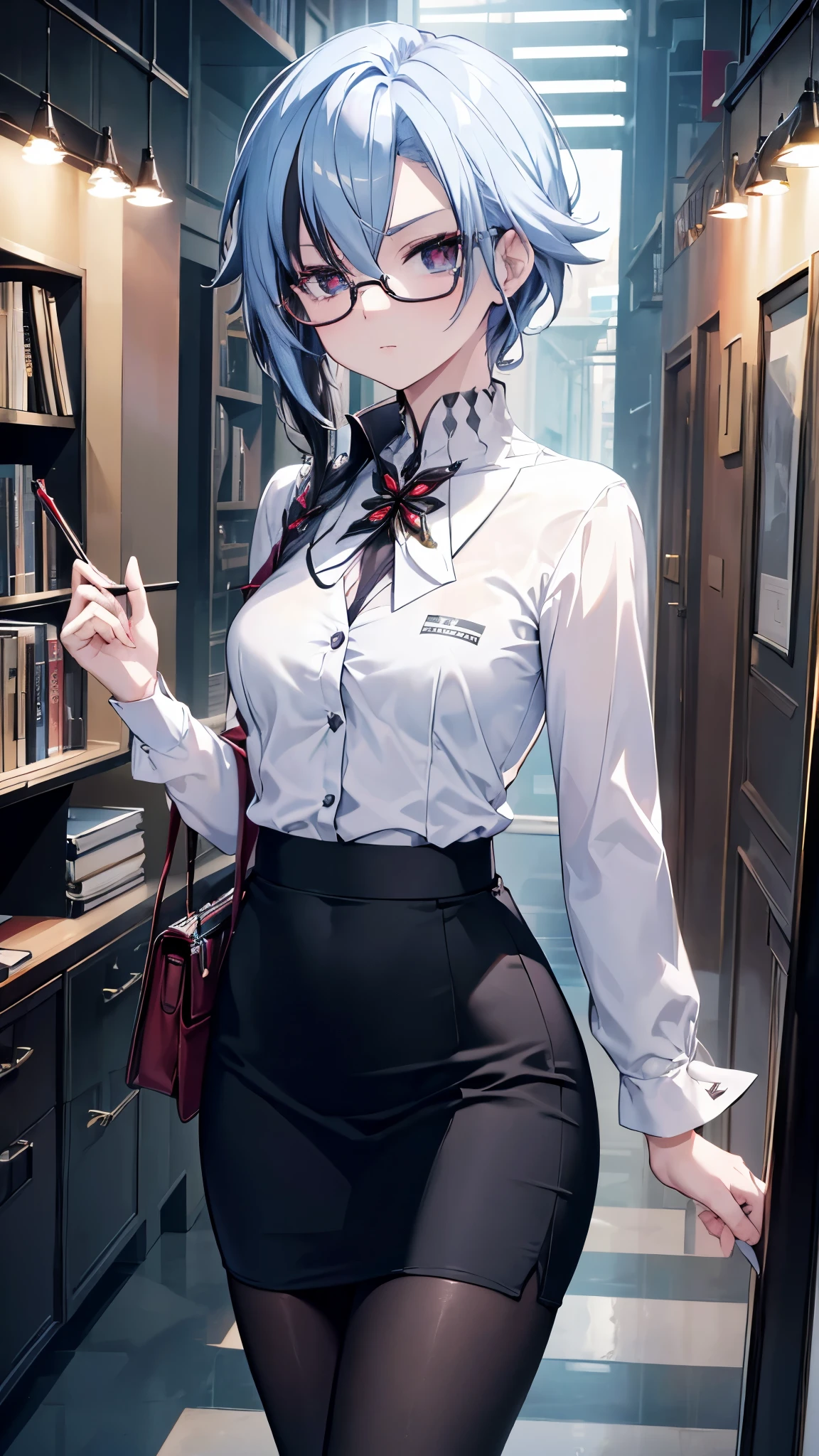 (masterpiece, top quality, best quality, official art, beautiful and aesthetic:1.2),(8k, best quality, masterpiece:1.2), (((masterpiece))),(((best quality))),(((extremely detailed))),illustration,who, (masterpiece, top quality, best quality, official art, beautiful and aesthetic:1.2),(8k, best quality, masterpiece:1.2), 1girl, arlecchino \(genshin impact\), (x-shaped eyes, symbol shaped eyes, cross eyes), 1girl, arlecchino \(genshin impact\), solo, office lady, white collared shirt, pencil skirt, black pantyhose, glasses, glaring, looking at viewer, hand on eyewear, office, indoors, depth of field