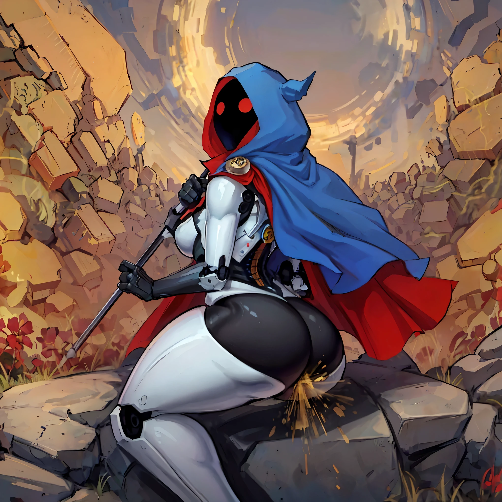 Robot girl, hips, wearing a hood with a cape, perched on a rock, shoreline, beautiful thighs, curvaceous butt, captivating legs, cool robotic mask, super tall, one person, ass support, holding staff, warm color tone, vibrant lighting, ((fart,farts,farting)), no face, faceless