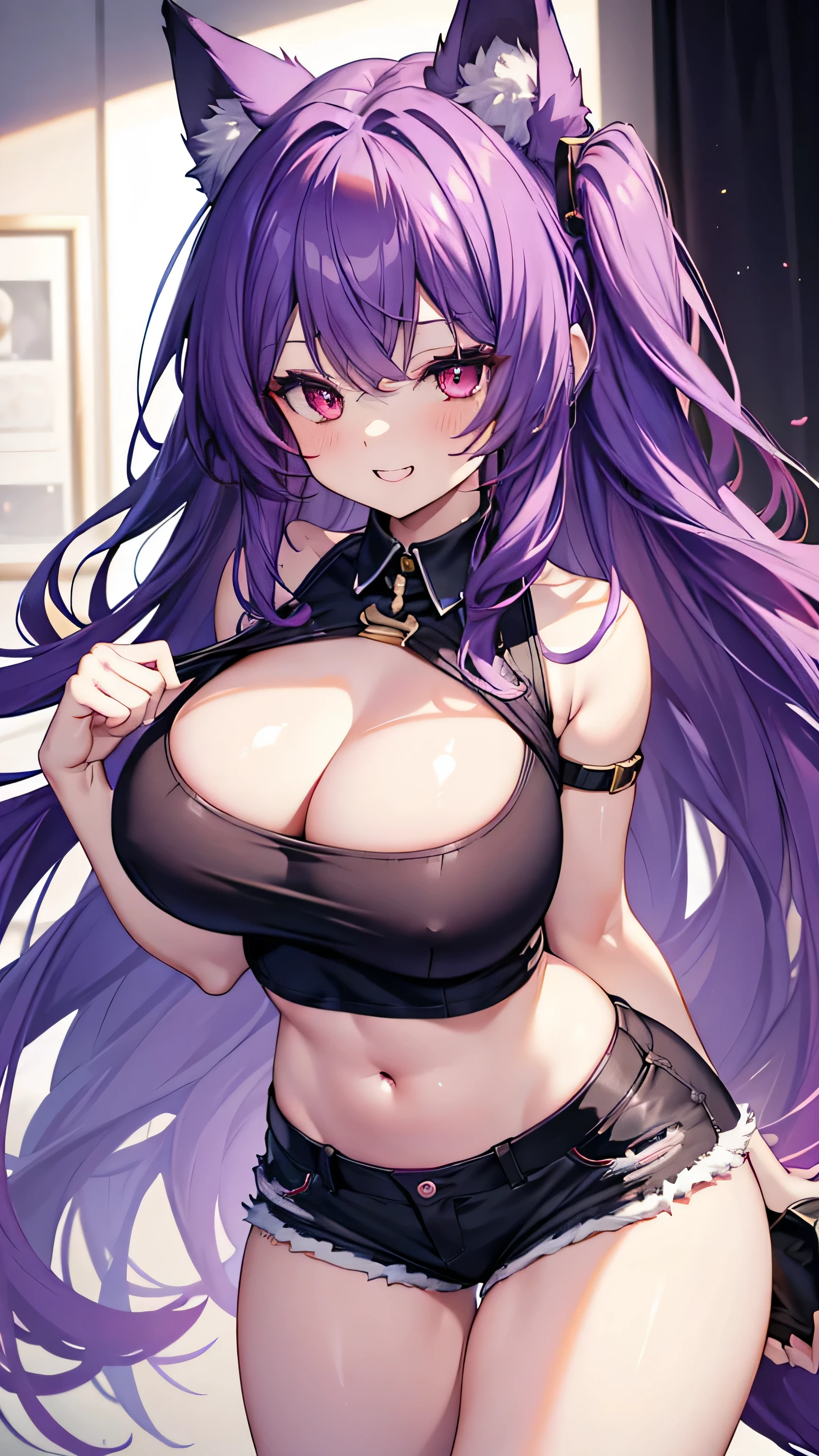 Fox Girl, Large , Voluminous purple hair, masterpiece , Red eyes, hd, Thick thighs, Head to Chest, buried in my chest、Underboob、Double teeth、tooth、Sleeveless shirt、Shorts、Chubby、Grinning
