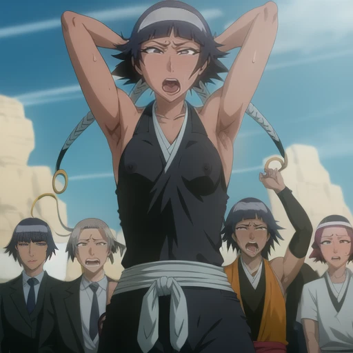 ( Animation screenshots:1.1),outdoor, Nipples exposed, 1 woman, alone, black hair, side breasts,eternal, short hair with long locks, japanese clothing, - Hip vents, no underwear,short hair, small breasts, (white eyes:1.1),No eyeballs, Also available in black, no headgear,low double braids,facing the audience, looking at the audience, tired, from below, (Exposed armpit:1.1), ((armpit:1.2)), Sexy, Sweat dripping, More and more sweat,(ahegao), (Roll your eyes), naughty face, blush, open mouth, Sticking out tongue, saliva, Slobber,Runny nose,skinny, raise arms, (arms above head:1.5)