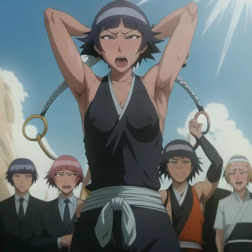 ( Animation screenshots:1.1),outdoor, Nipples exposed, 1 woman, alone, black hair, side breasts,eternal, short hair with long locks, japanese clothing, - Hip vents, no underwear,short hair, small breasts, (white eyes:1.1),No eyeballs, Also available in black, no headgear,low double braids,facing the audience, looking at the audience, tired, from below, (Exposed armpit:1.1), ((armpit:1.2)), Sexy, Sweat dripping, More and more sweat,(ahegao), (Roll your eyes), naughty face, blush, open mouth, Sticking out tongue, saliva, Slobber,Runny nose,skinny, raise arms, (arms above head:1.5)