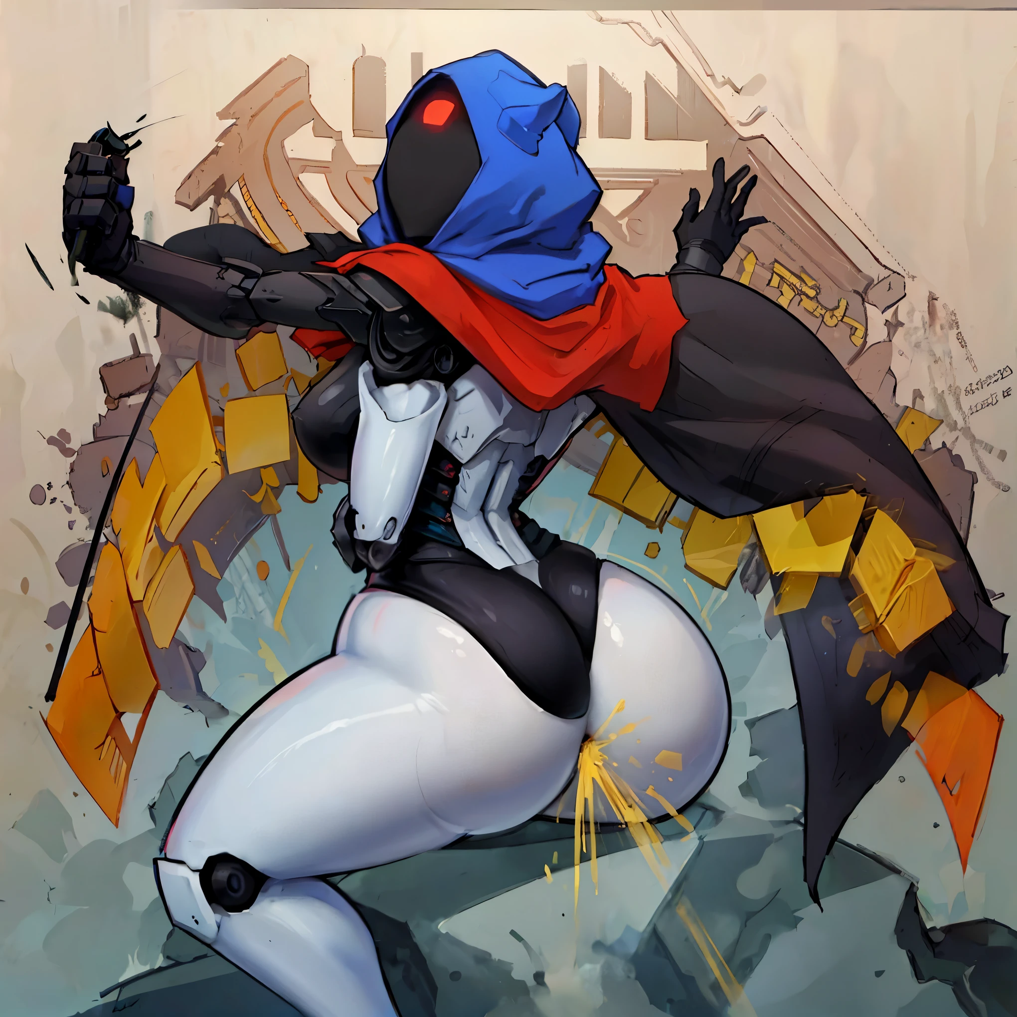 Robot girl, hips, wearing a hood with a cape, perched on a rock, shoreline, beautiful thighs, curvaceous butt, captivating legs, cool robotic mask, super tall, one person, ass support, holding staff, warm color tone, vibrant lighting, ((fart,farts,farting)), no face, faceless